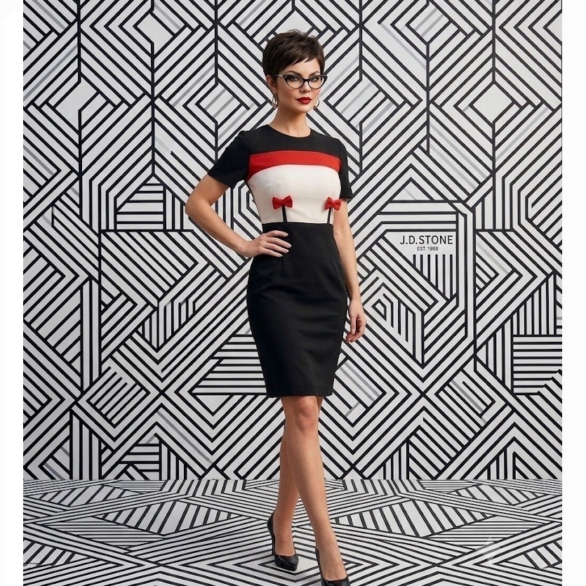 Vintage 90s Colorblock Bow Sheath Dress Retro Mod Office Siren Made in USA SP