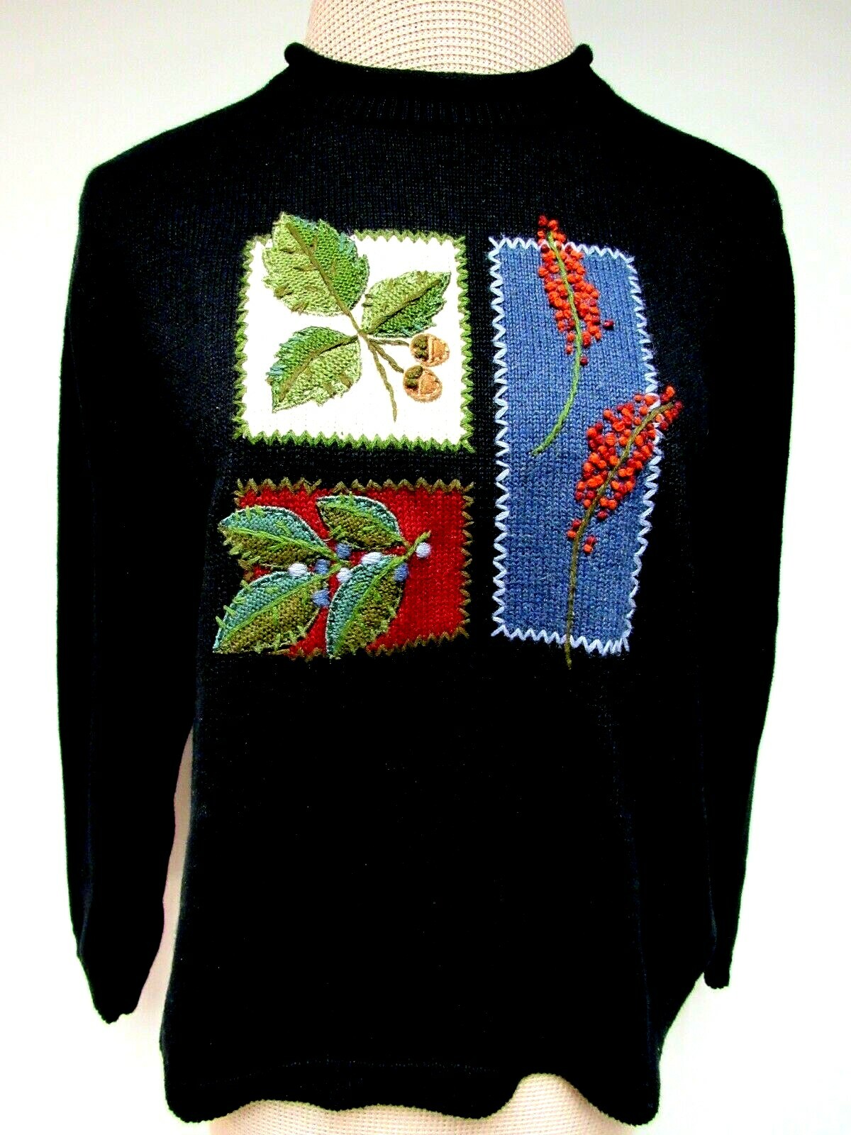 VTG MARISA CHRISTINA Knit Sweater Top Embroidery Leaf Acorn Black Wine PM EVC