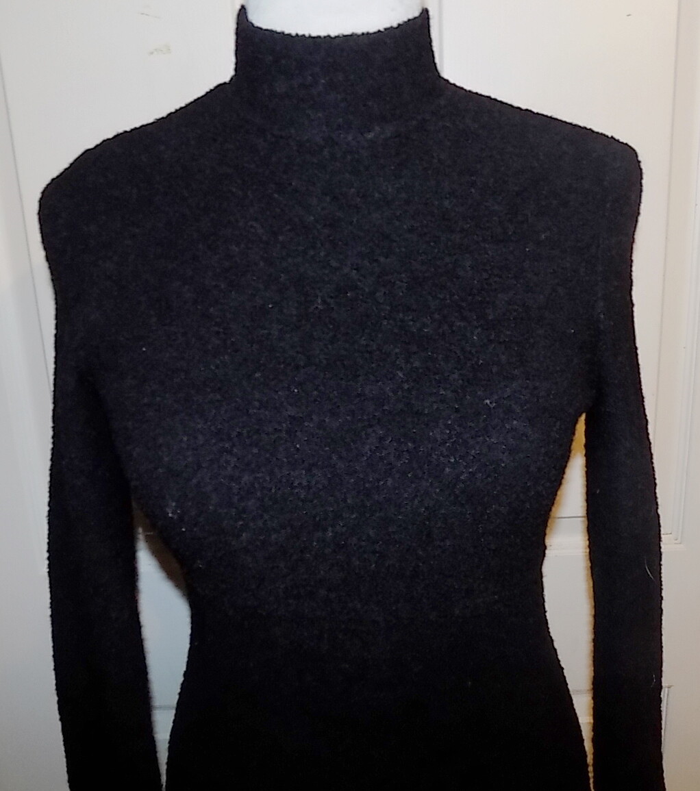 Vintage 80s 90s Black Nubby Wool Nylon Stretchy Dress Kenar Size 6 B34
