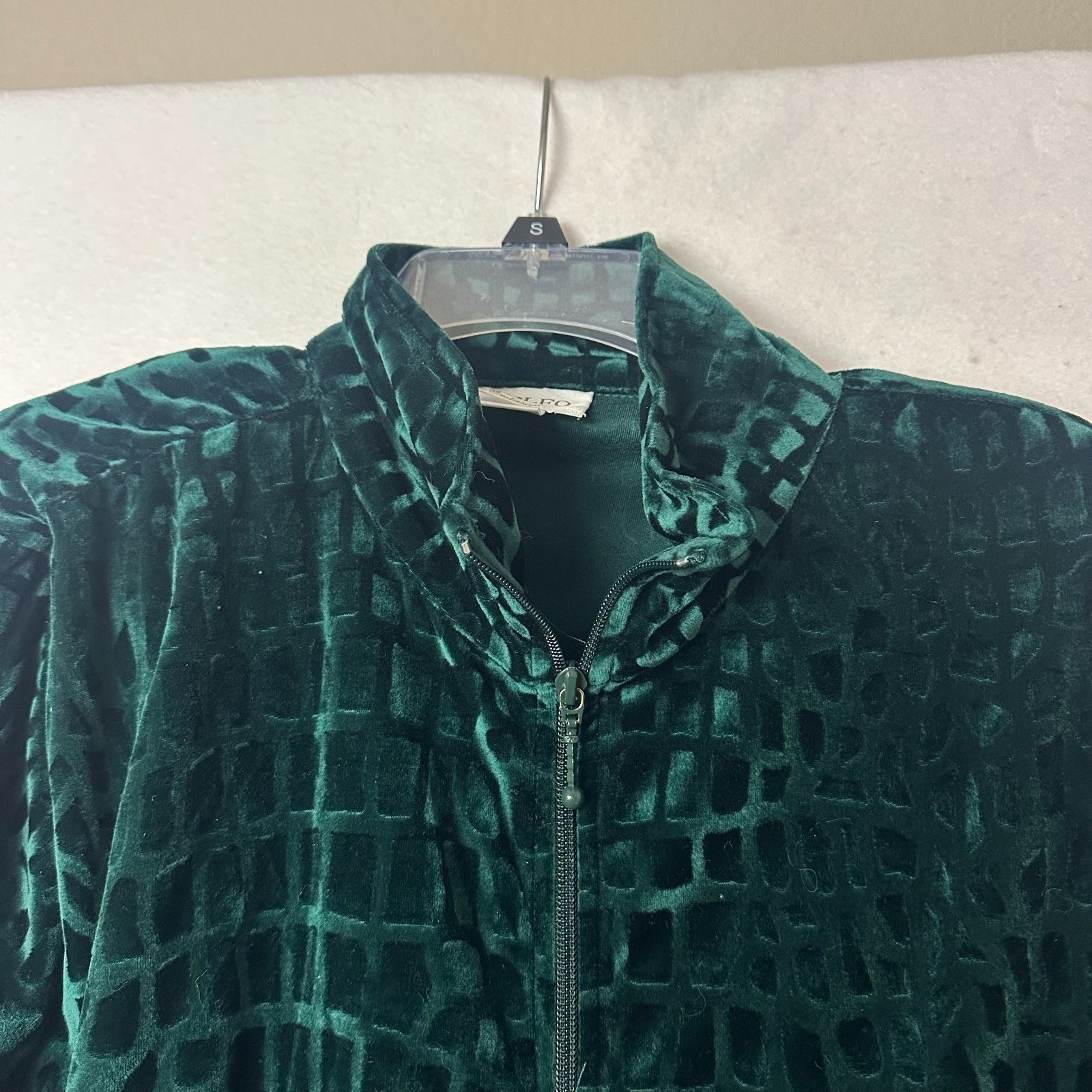 Adolfo Exclusive Vtg Green Velvet Grid Embossed Zip Up Jacket Mock Neck Small
