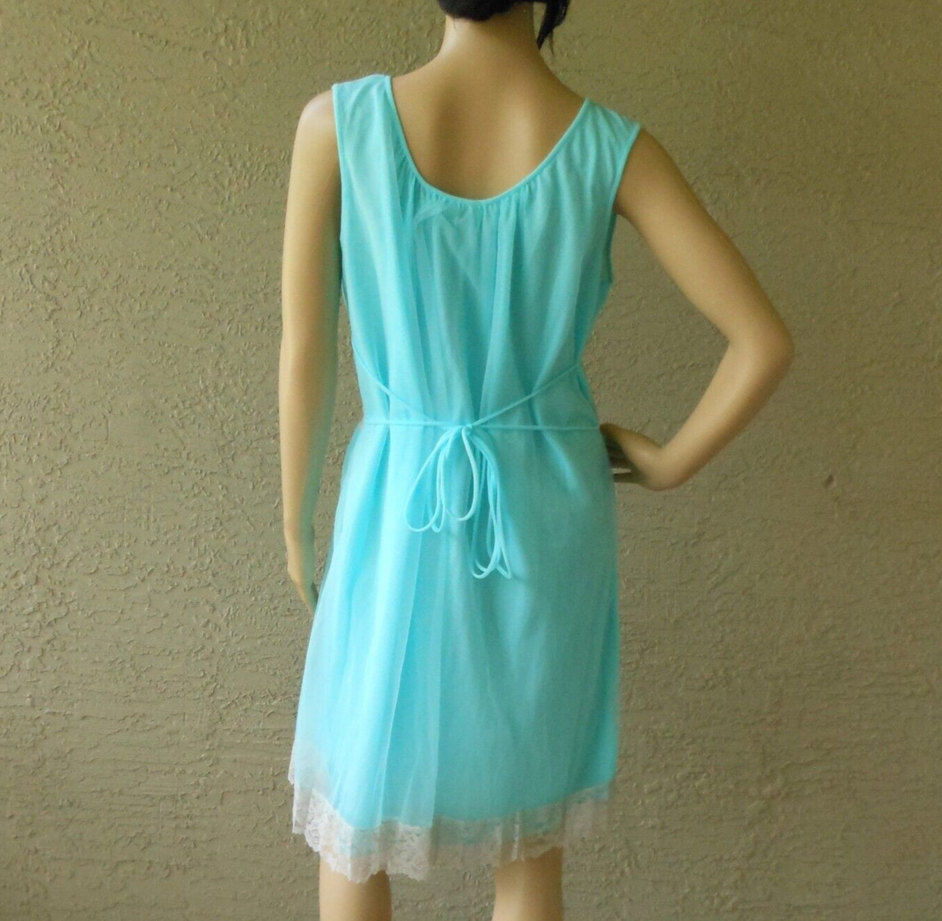 Vintage 70s Aqua Blue Nightie Size M/L Sheer Chiffon Lace Negligee Boudoir
