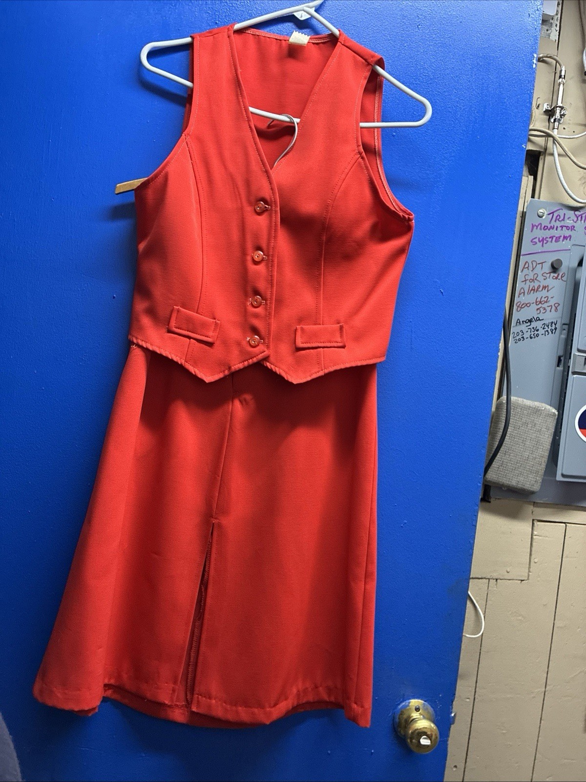 Vintage 1960s or 1970s Red Sleeveless Vest and Matching Skirt Set Size 9