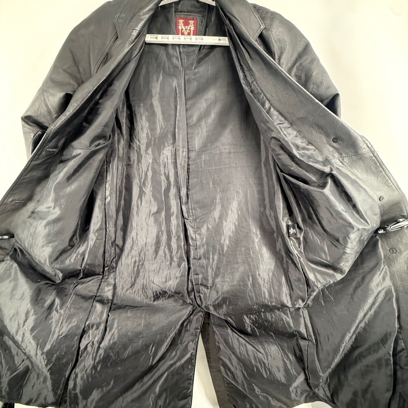 VTG Maurices Trench Coat Medium Women Oversize Leather Belted Black Full Length