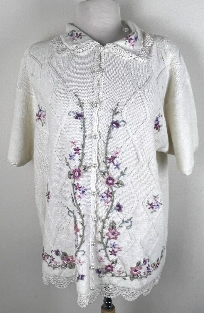 Vtg 90’s Embroidered Floral Pastel Short Sleeve Spring Cardigan Sweater Size 3x