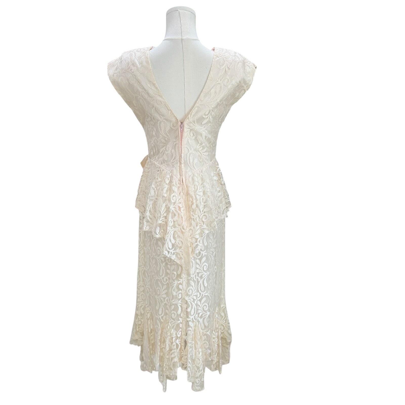 Vintage Zum Zum Lace Peplum Midi Dress Ivory Cream Bow Handkerchief Hem Bridal