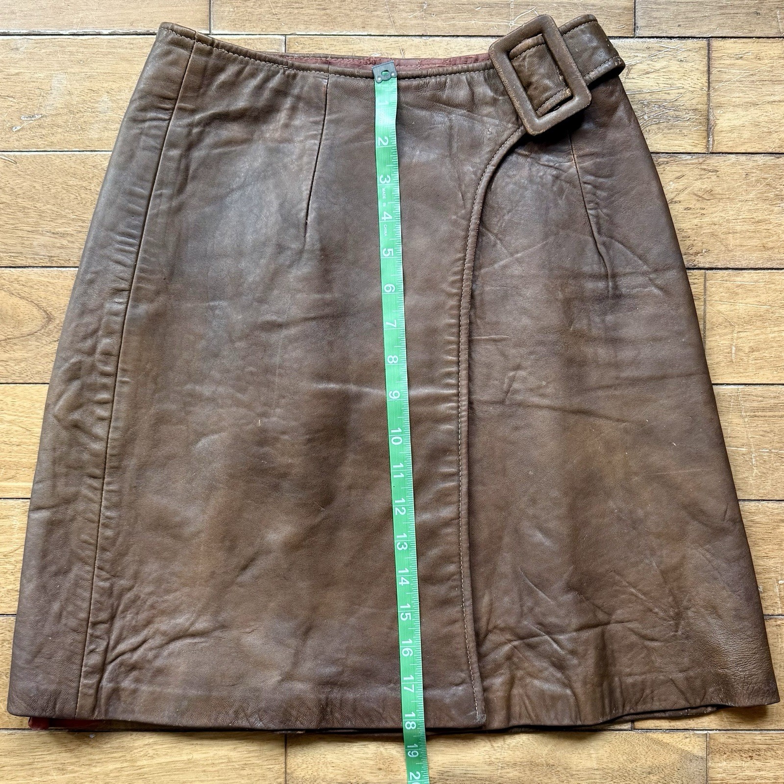 VTG 60s Brown Leather Buckle Snap Lined Mini Skirt Hippie Boho Mod GoGo Scooter