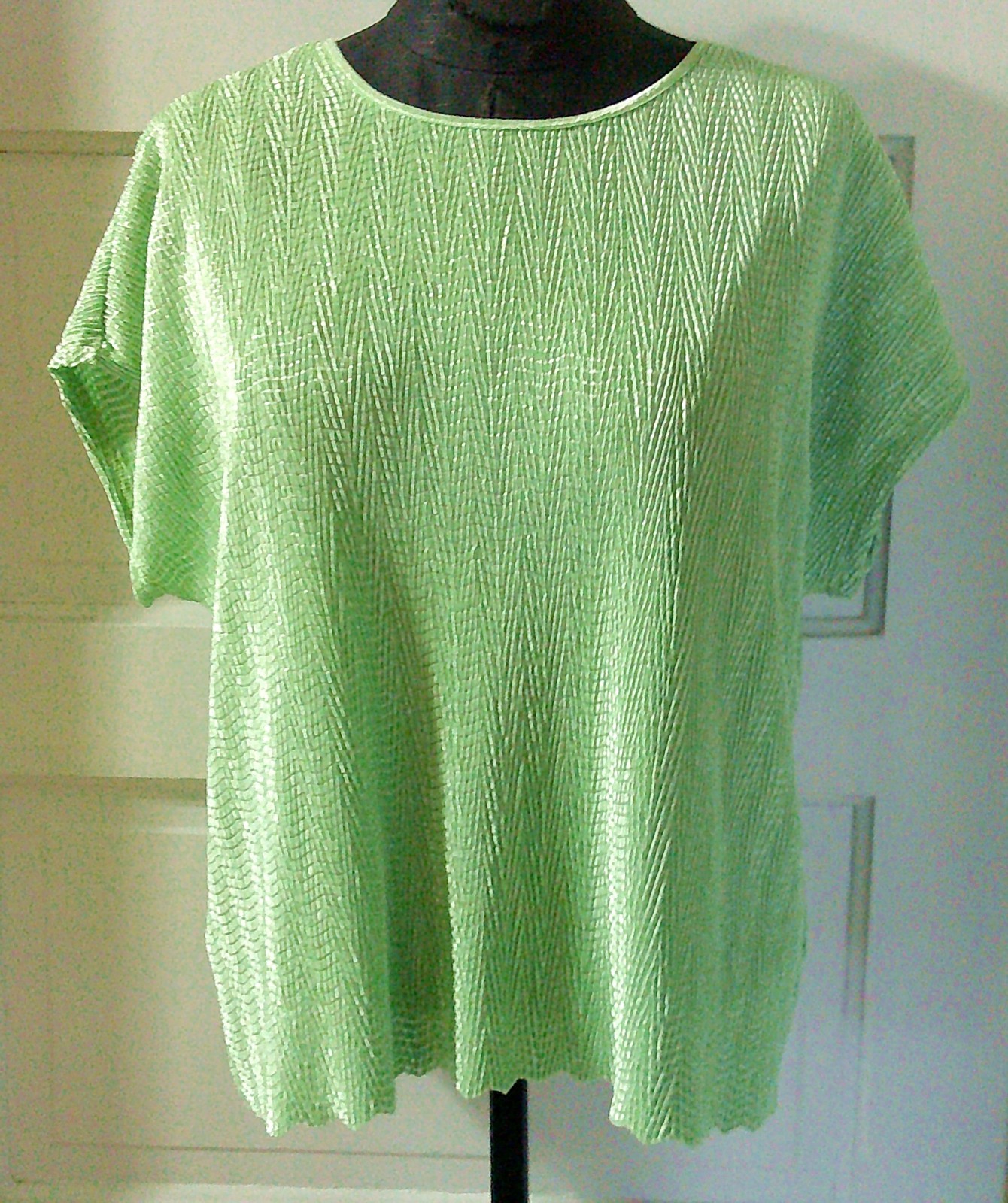 ’80’s LANA LEE SS Lime Green Shiny Crinkle Cap Sleeve Shirt Top Blouse XL