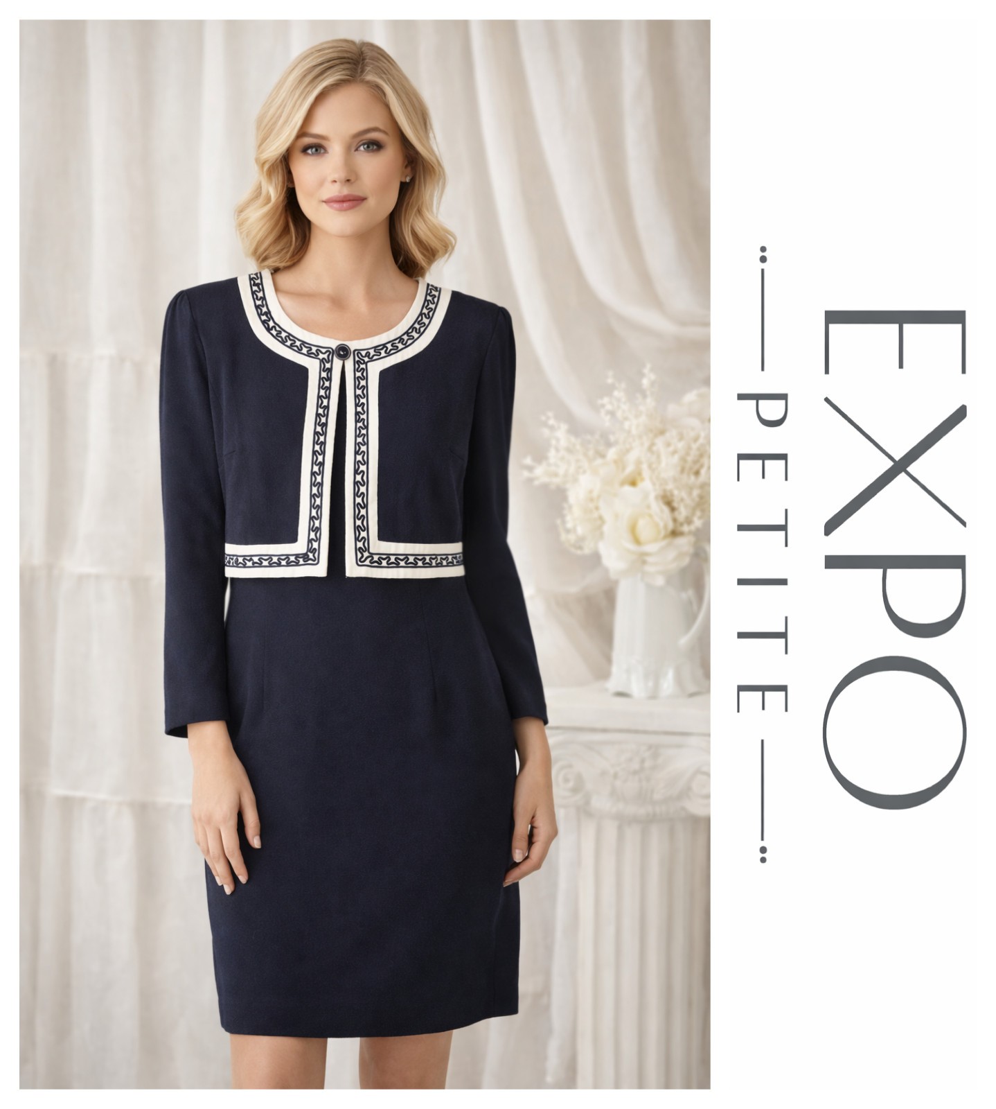Expo Petite Vintage 80s Elegant Navy Blue White Crop Faux Jacket Sheath Dress S