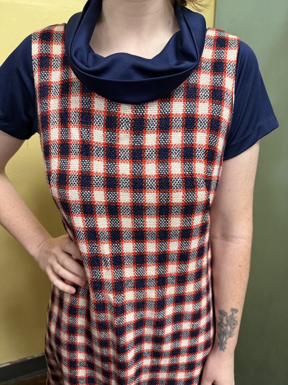 Vintage 60s Red, White & Navy Cotton Blend Jumper Sz S/M