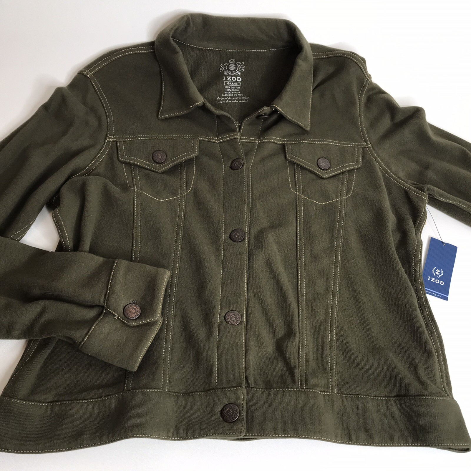 VINTAGE IZOD Womens L Jacket Khaki Green Button Jean Jacket Army Style NWT