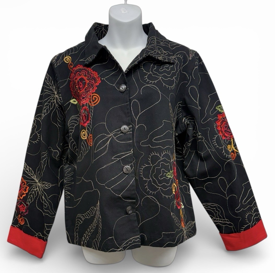 Vtg Classic Elements Jacket Embroidered Black Floral Women’s Size L