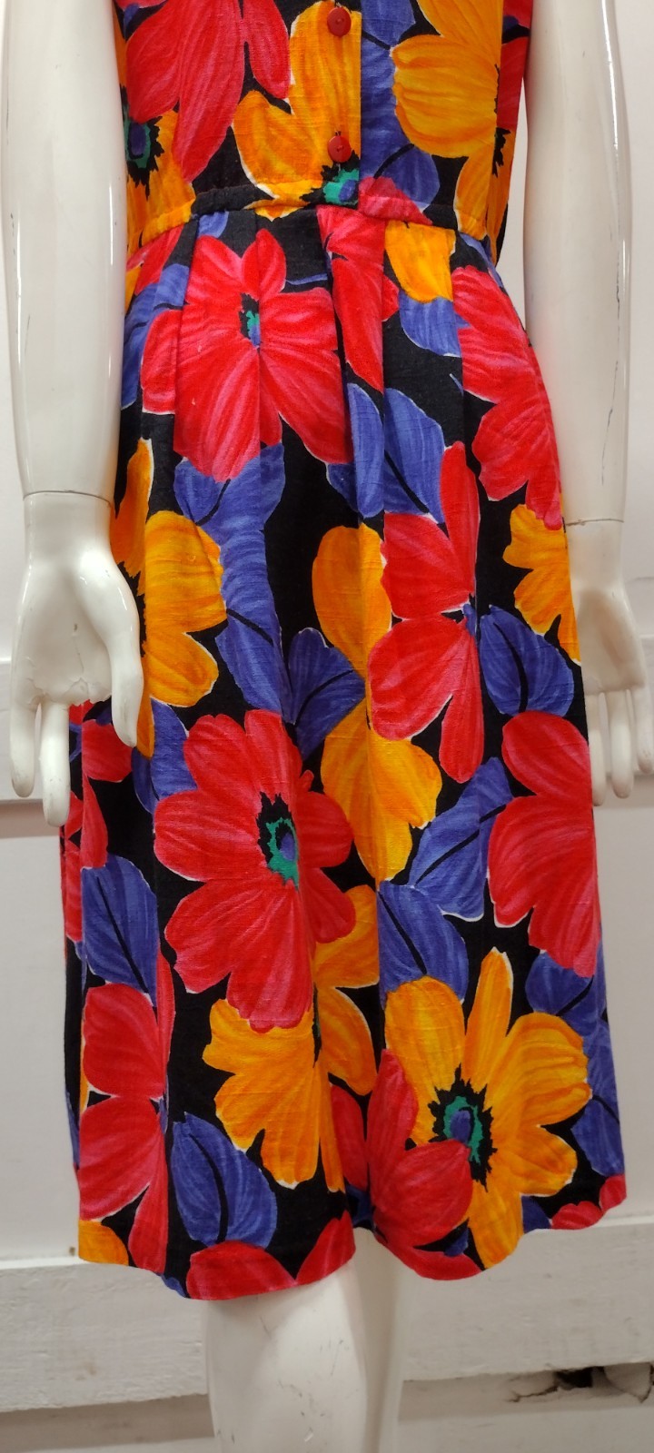Vintage 1980s Big Floral Dress Sleeveless Sundress Red Orange Daisy Blue Medium