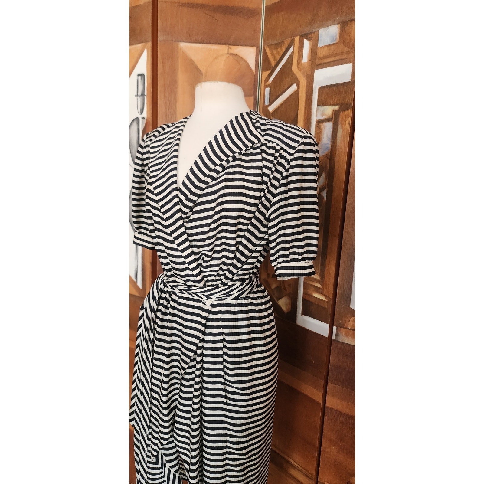 Vintage 1980s Archival Armani Dress Silk Striped Wrap Midi White Label IT 38