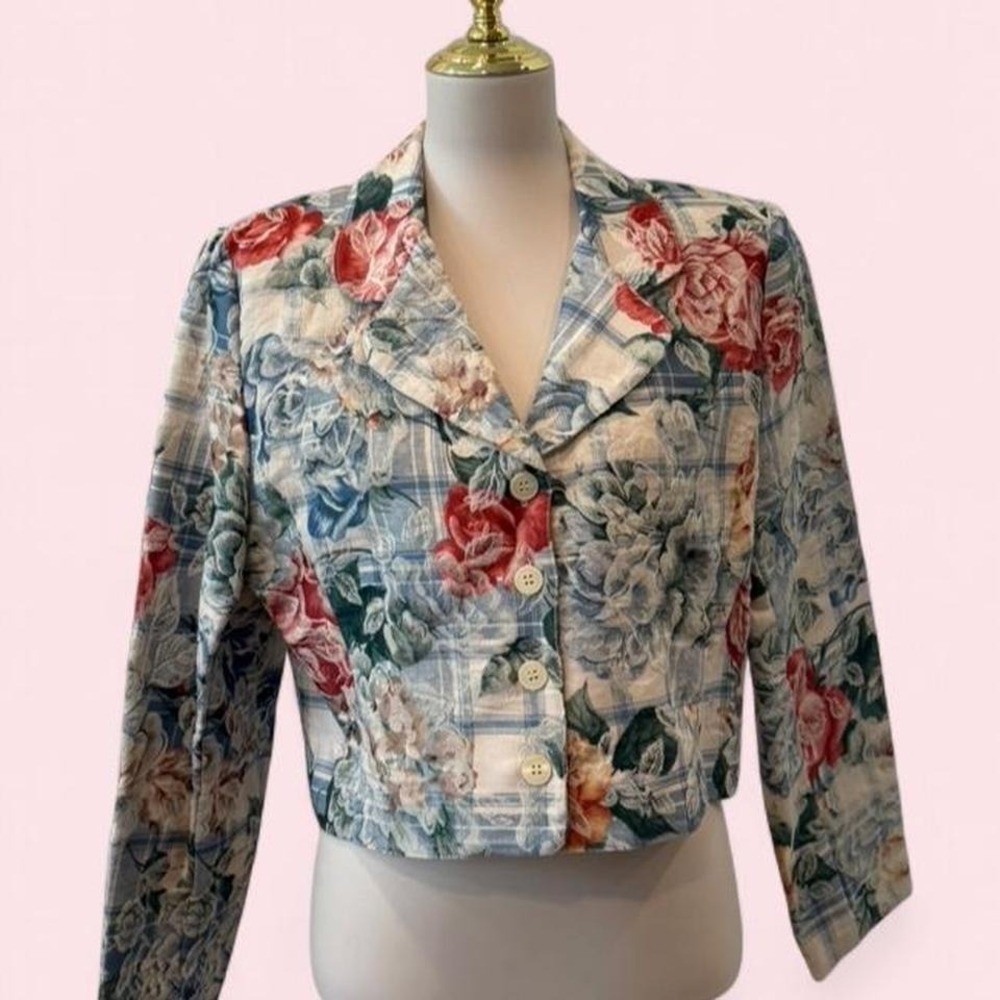 Vintage F Stop Floral Plaid Cropped Blazer Button Front Long Sleeve Size L