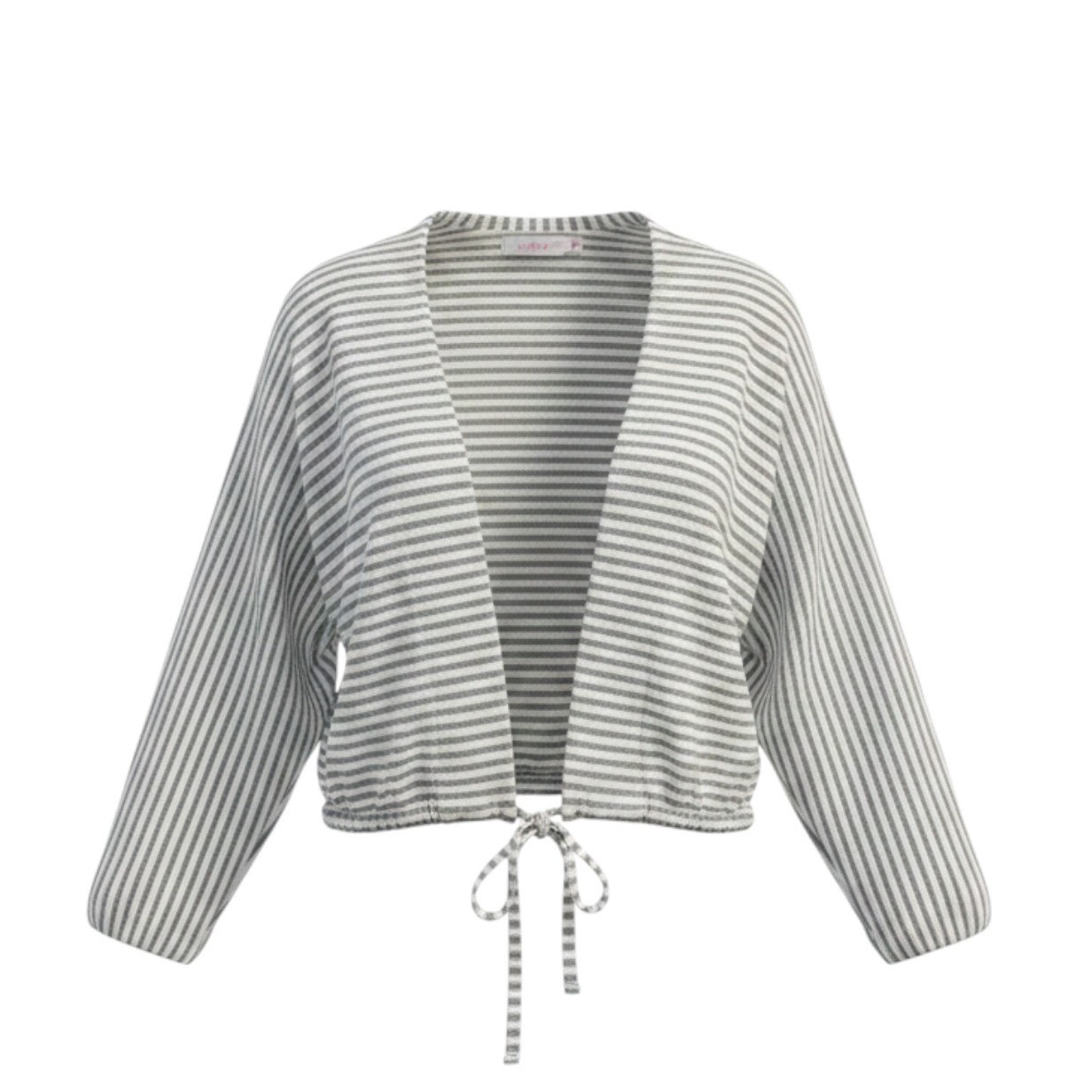 Rose Marie Reid Striped Cropped Cardigan Womens L Grey Vintage Tie Front Shrug