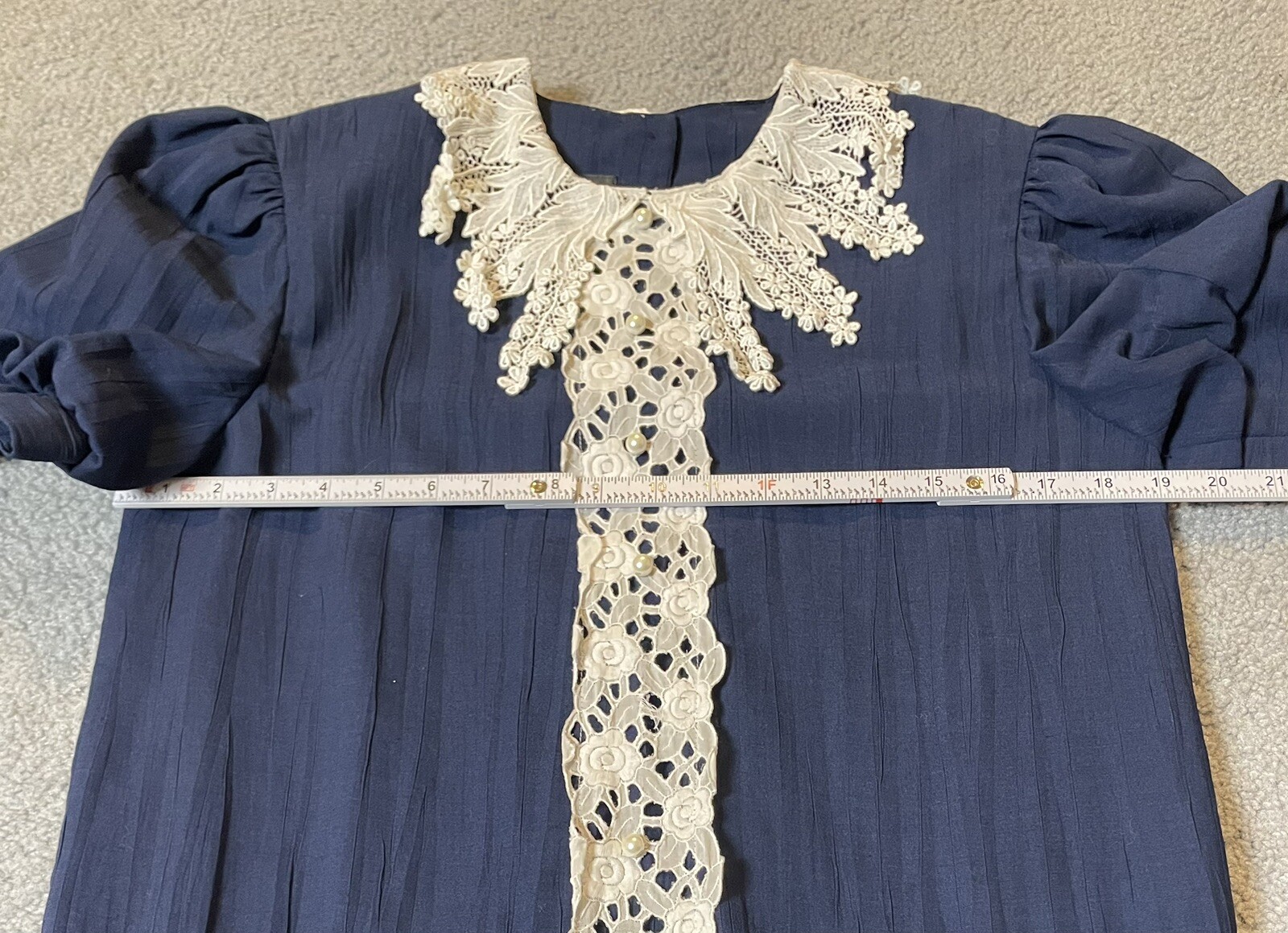 Vtg Young Woo Pleated Dress Sz L Navy Puff Sleeve White Lace Whimsigoth Classic