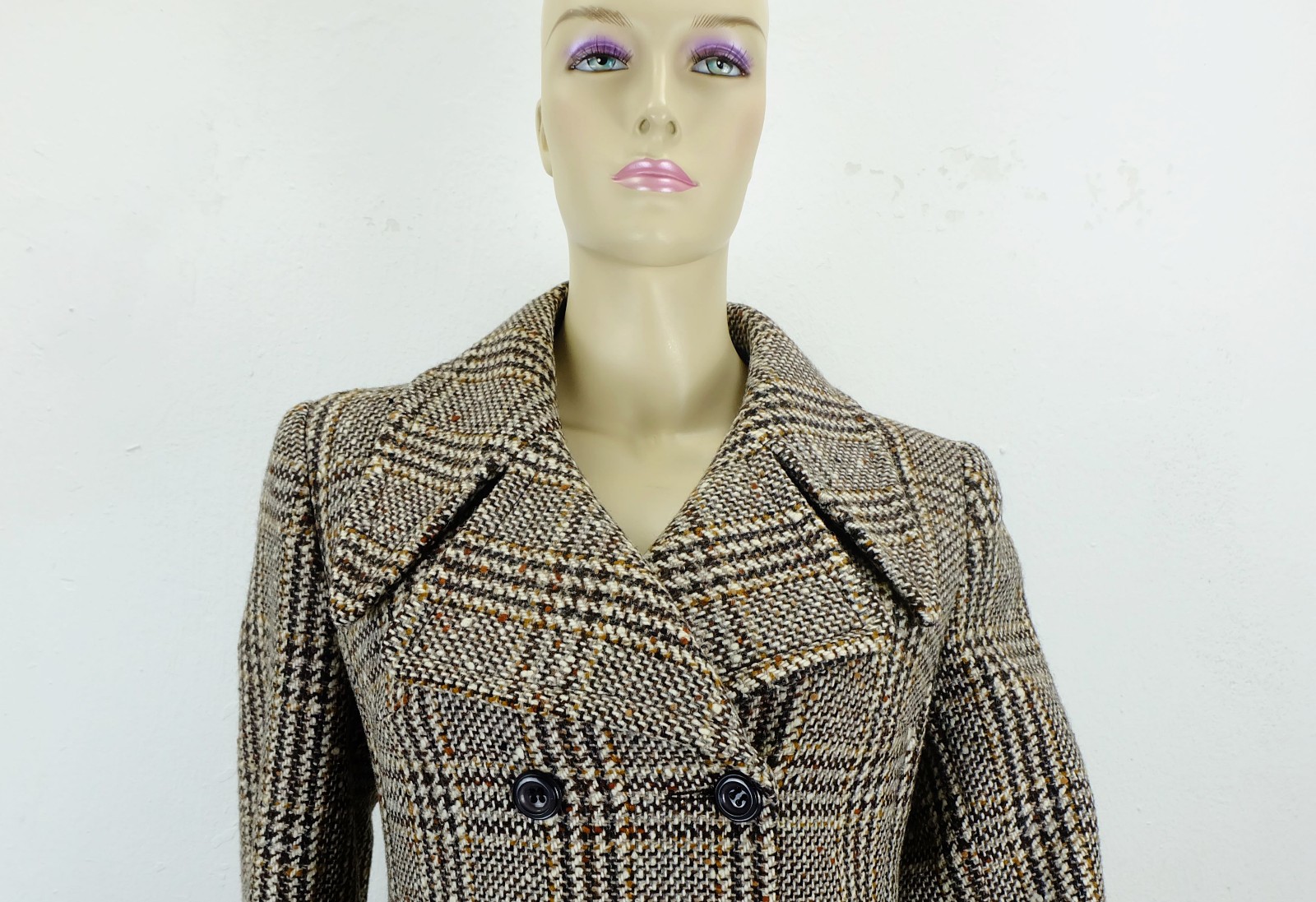 70s true vintage COAT size 38 large check tweed virgin wool viscose