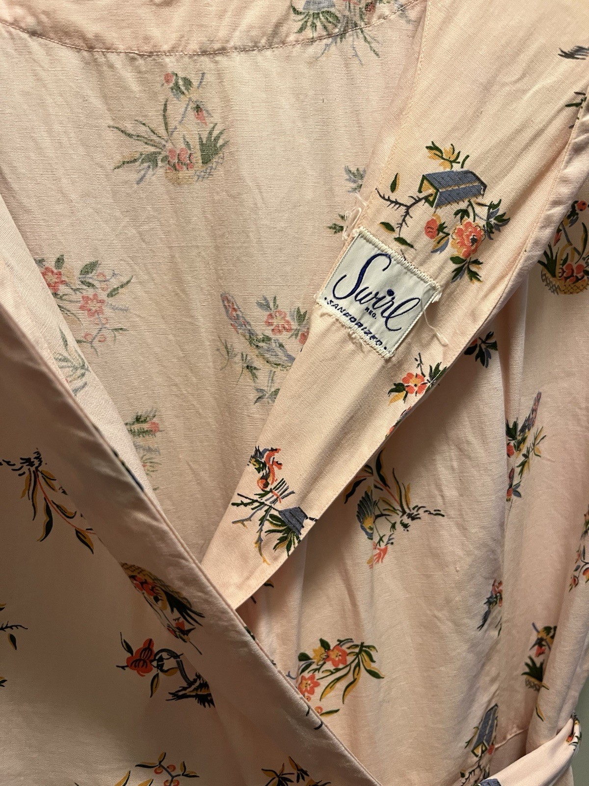 Vintage Early Swirl Wrap Apron Dress Pink Tropical Bird Print 1940s Early 1950s