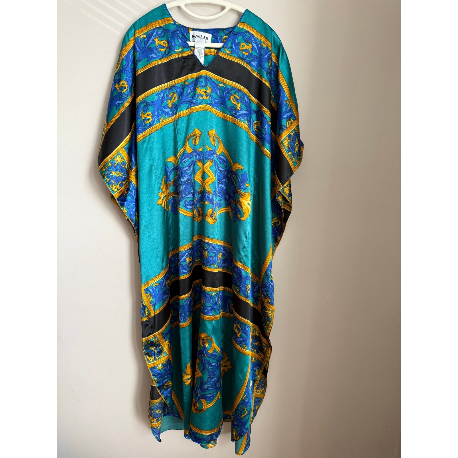 Vintage 80s Baroque Chain Print Satin Kaftan Maxi OSFA Teal & Gold Resort