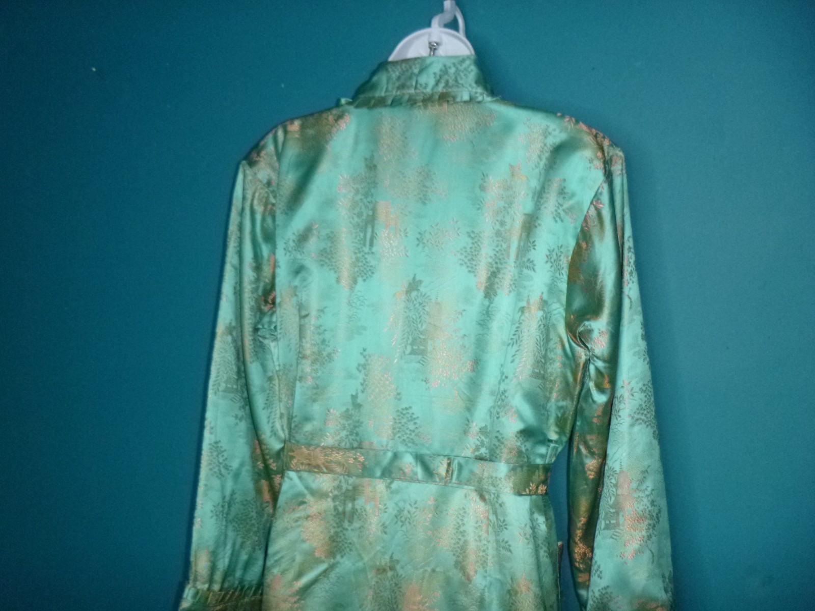 Vtg 40s 50s Aqua & Gold Satin Brocade Robe Dressing Gown Asian Motif Sz S/M