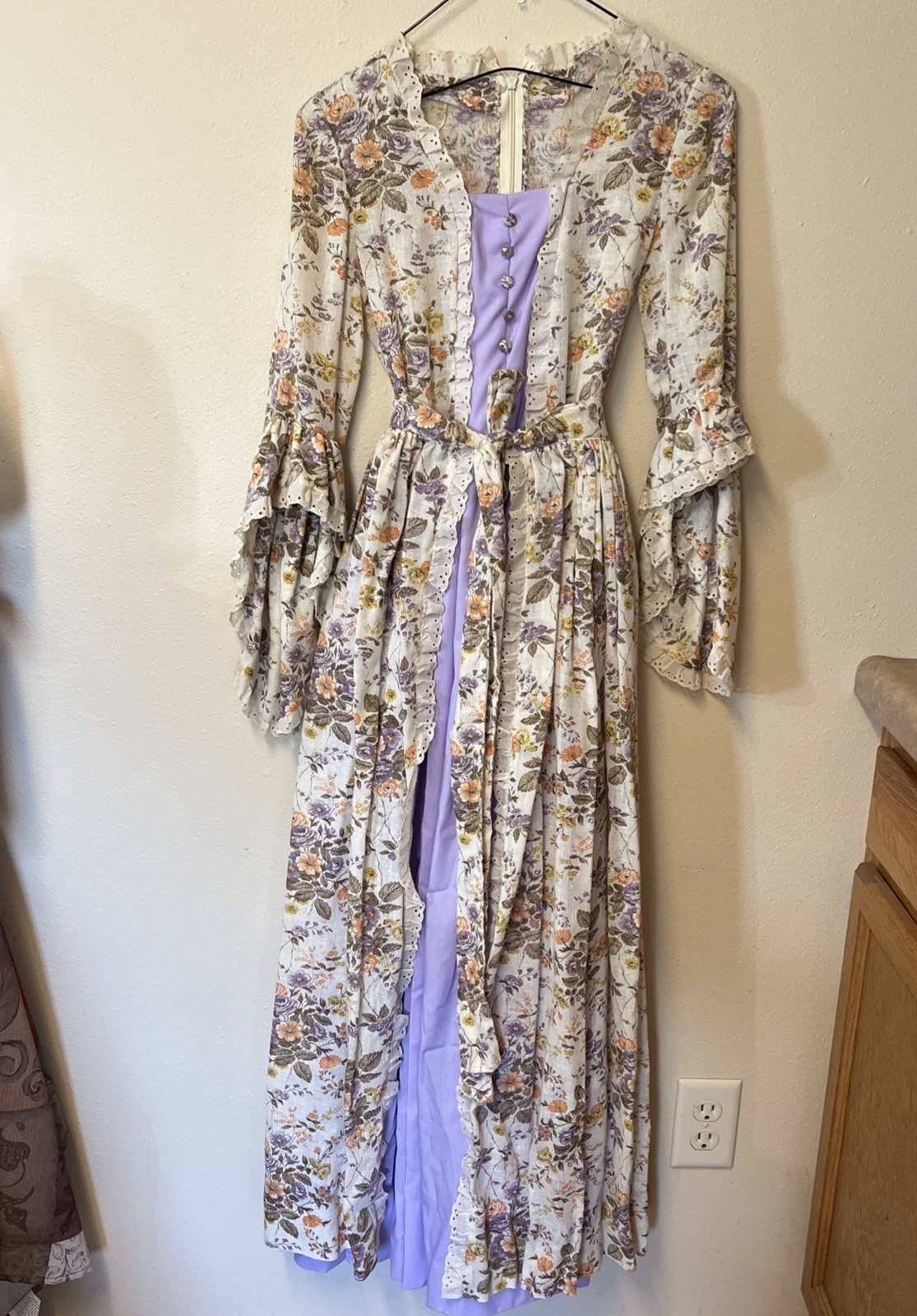 Vtg 70s Ivory Purple Floral Lace Pearl Long Sleeve Belted Dress Cottagecore