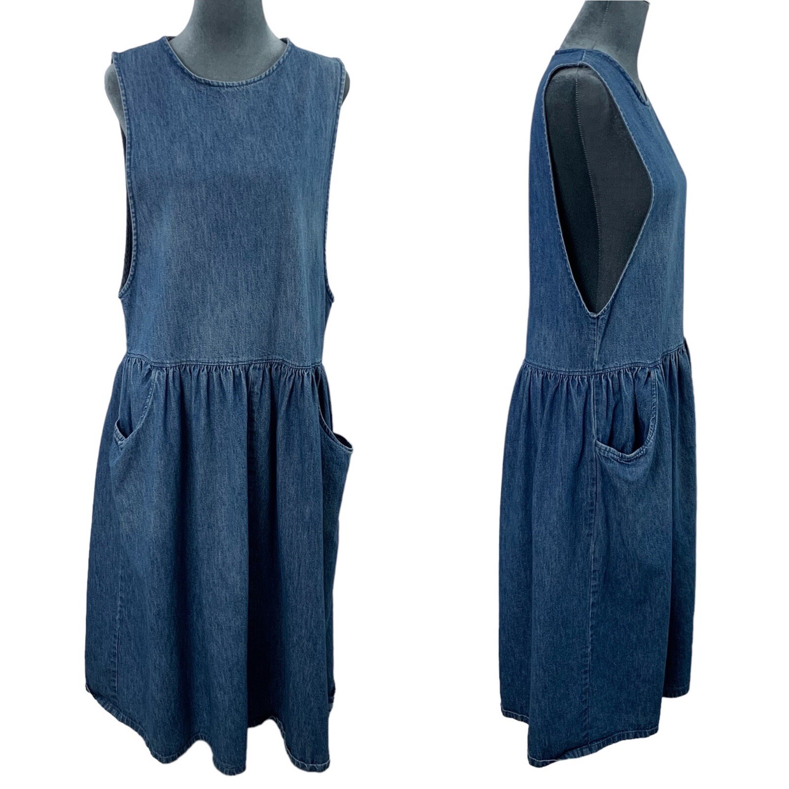 Vintage 80s Phoenix Fashions Womens Small Blue Denim Modest Midi Jumper Dress