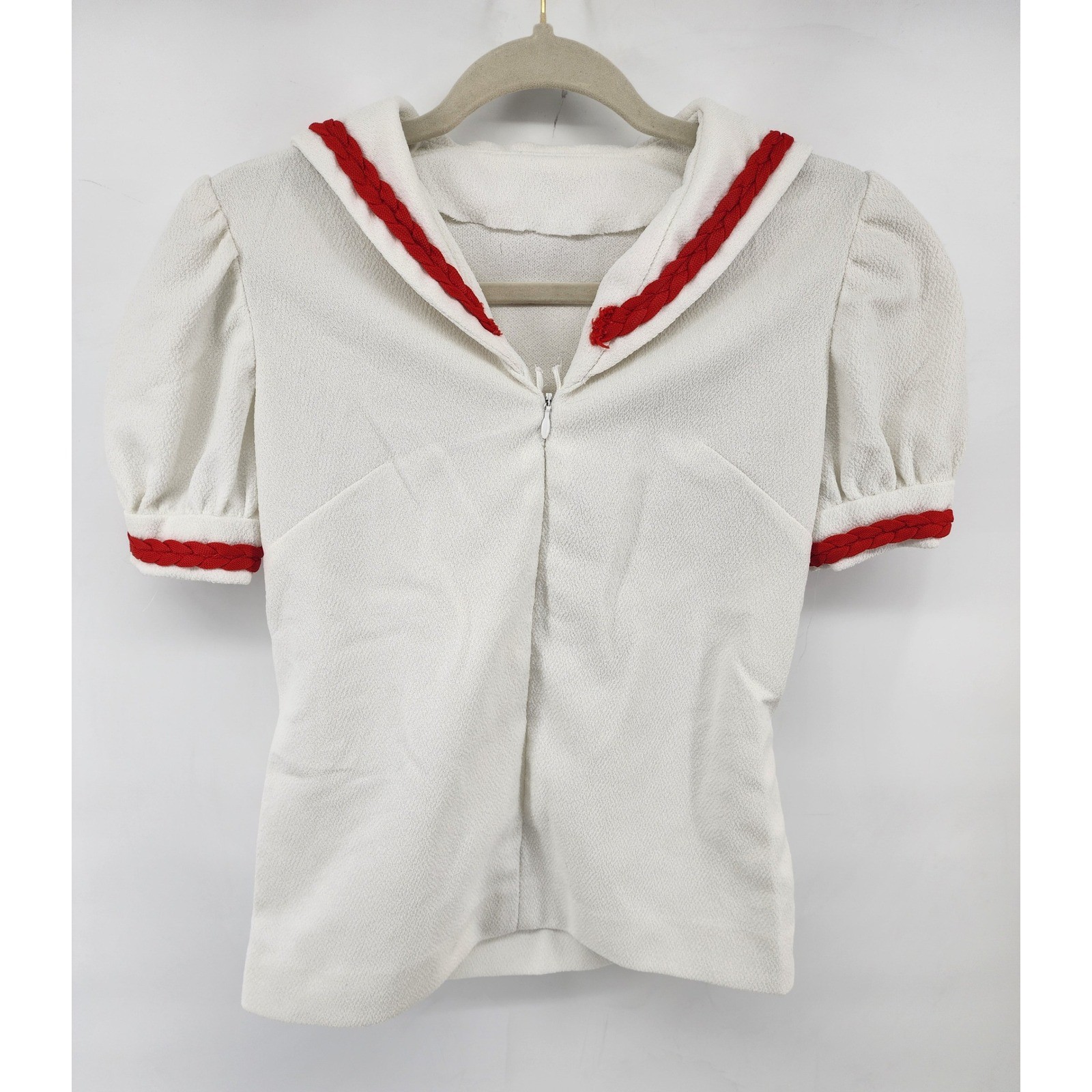 Vintage Sailor Collar Zip Up Puff Sleeve Blouse White Red Small Rockabilly Pinup