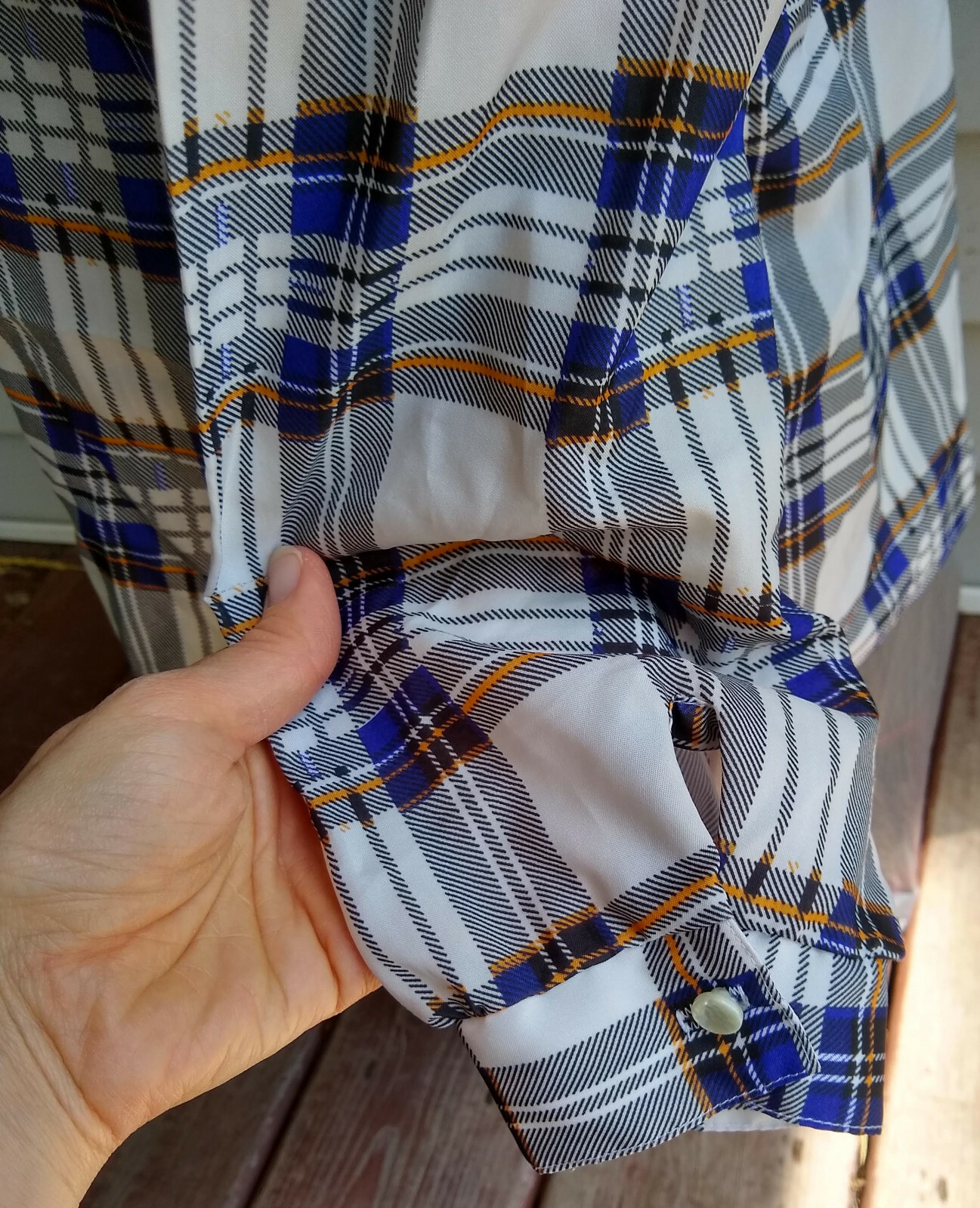 Laura Mae True Vintage High/Mock Neck LS Shirt–White/Purple/Yellow Plaid–Sz 12