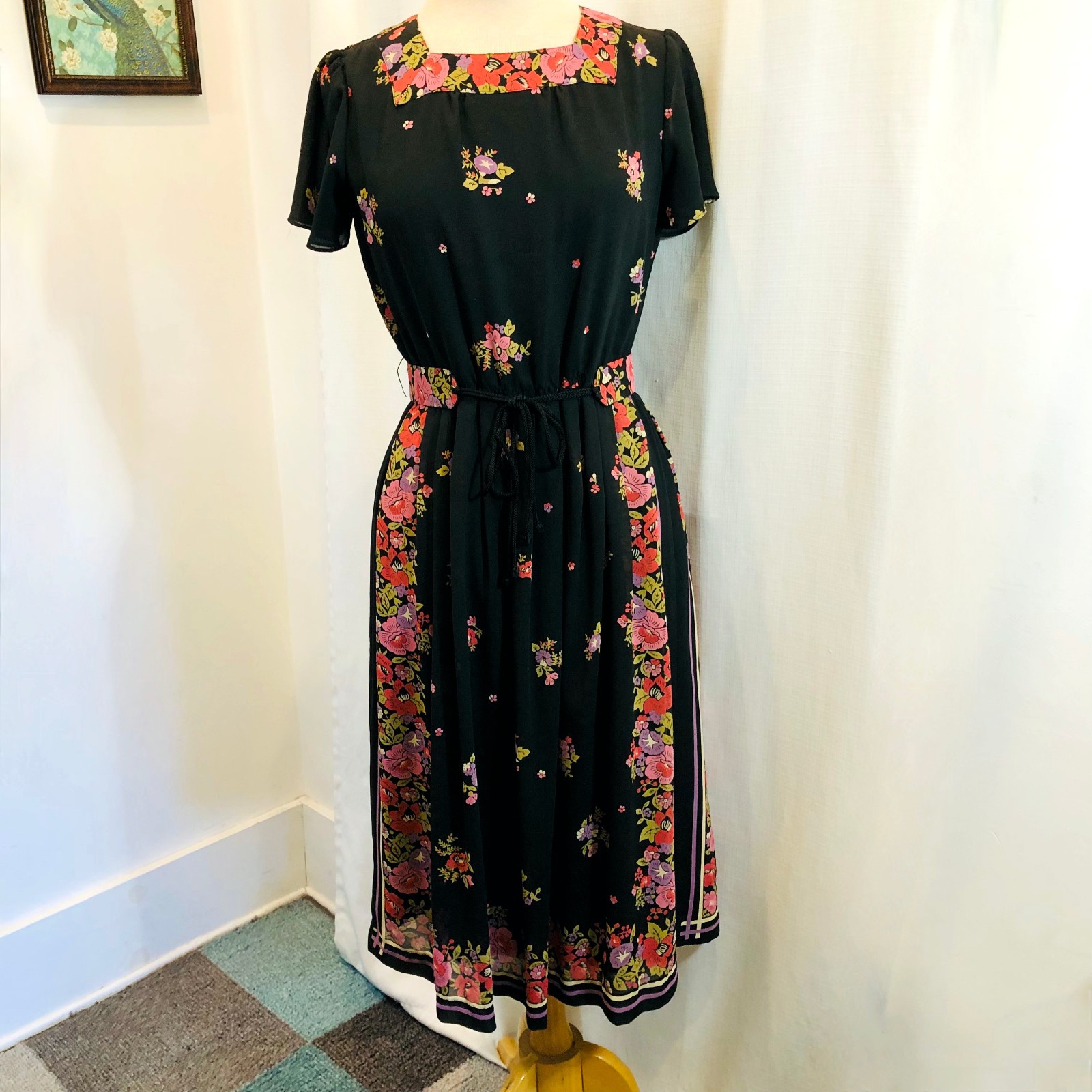 Vintage 1970s Scarf Print Black Floral Dress with Belt by Atelier Gemeaux