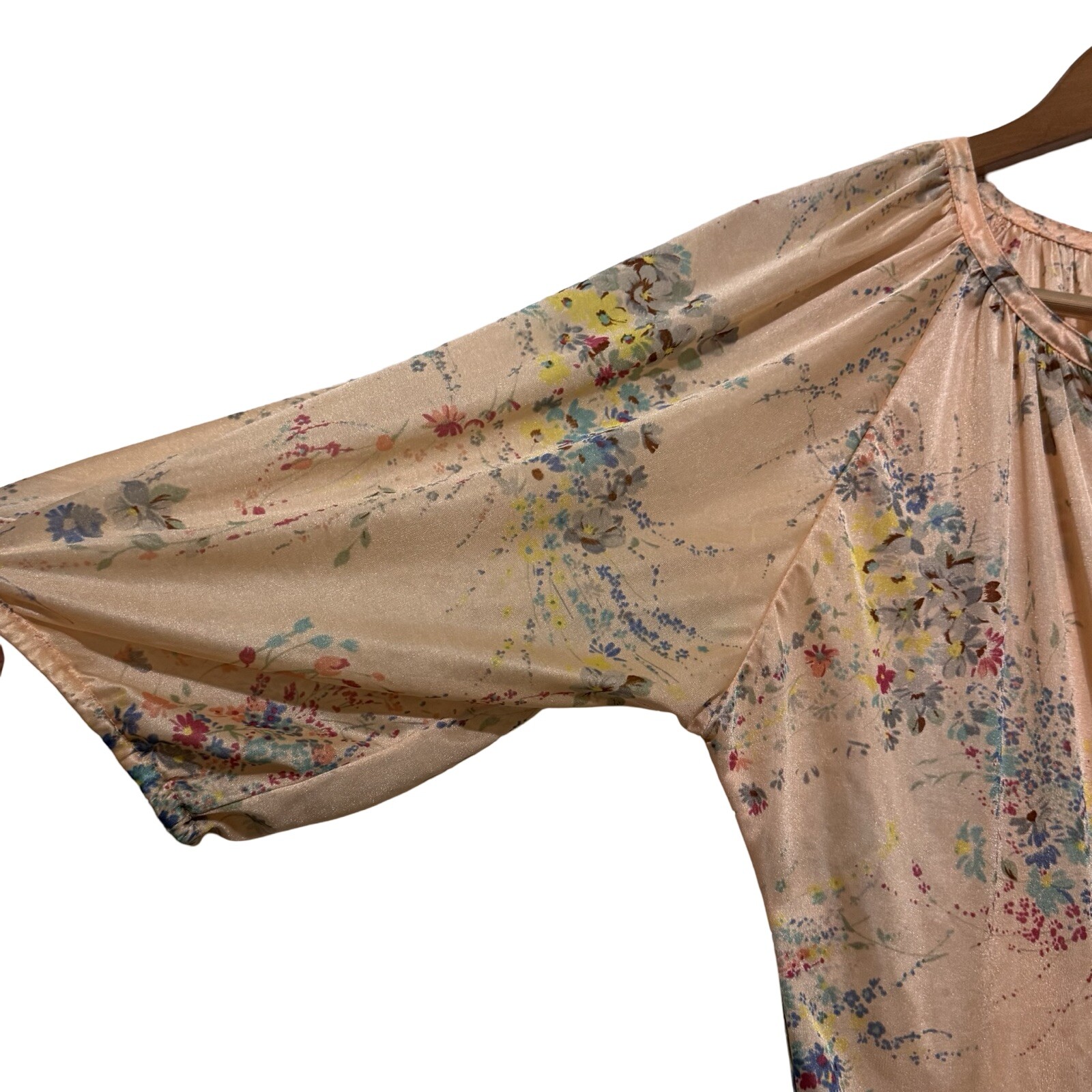 Vintage 70s Peasant Blouse Nylon Peach floral size Small Disco Hippie