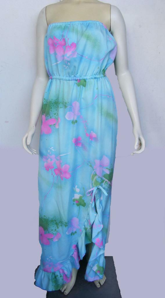 Waltah Clarke’s Vtg Dress L Strapless Maxi Floral Pastels Ruffled Open Split