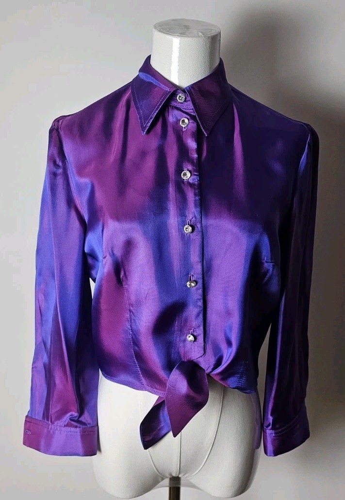 Y2K Vintage Purple/Royal Crystal Buttons Front Tie 3/4 Cuff Sleeve Blouse Size 6