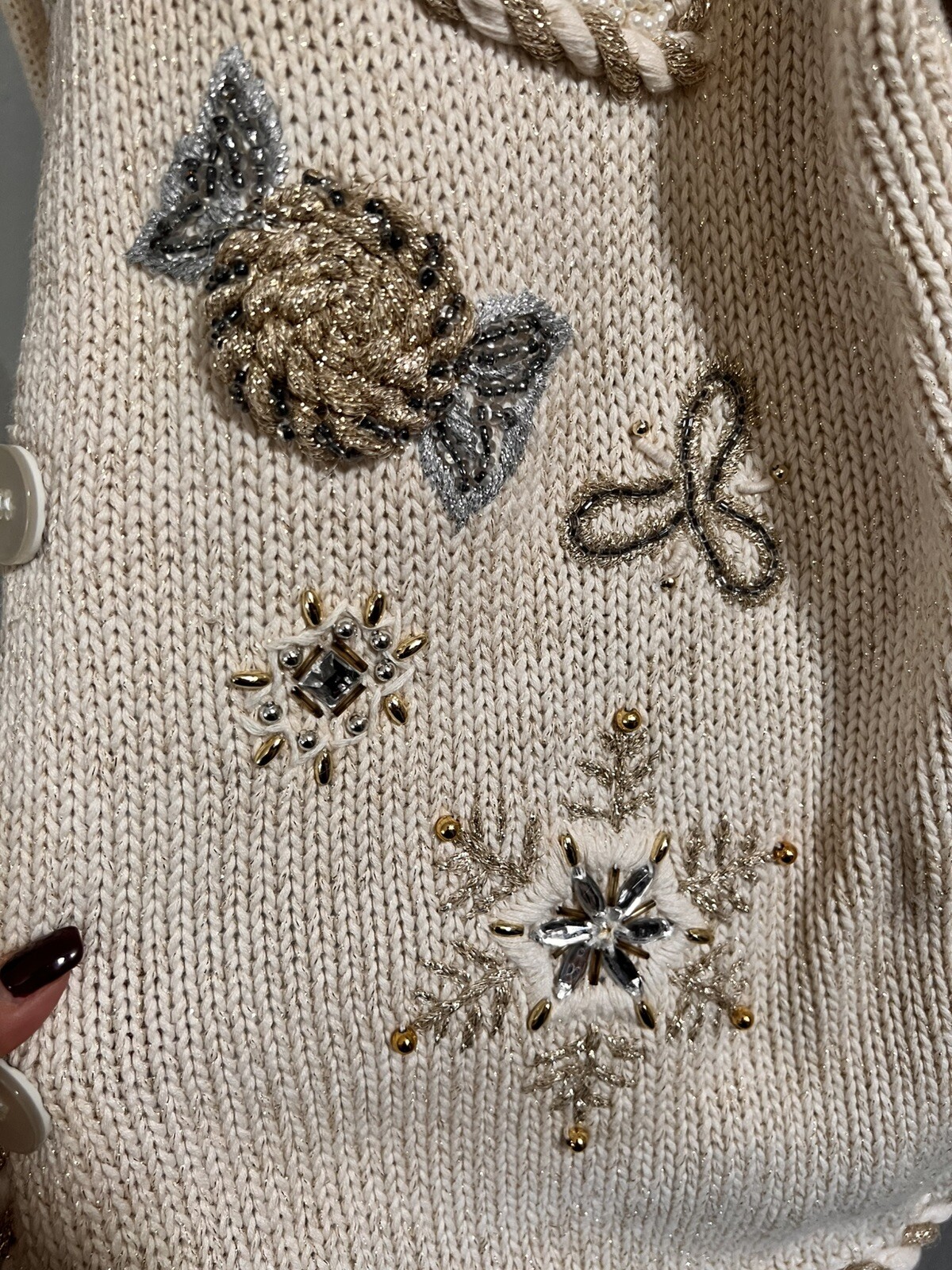 Vintage IB Diffusion Cream Gold Embroidered Bead Sweater Holiday Cardigan – LG
