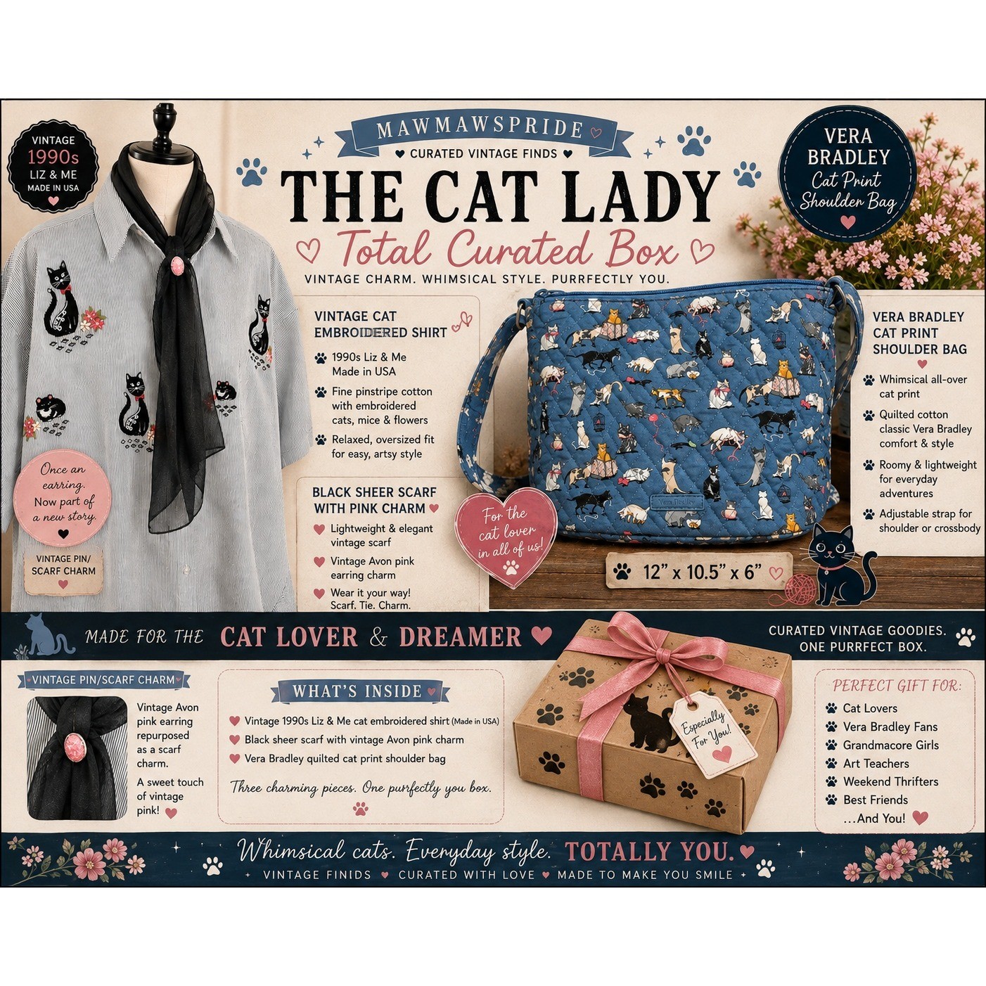 Vintage Cat Lady Social Club Curated Box 90s Liz & Me Vera Bradley Scarf Shirt