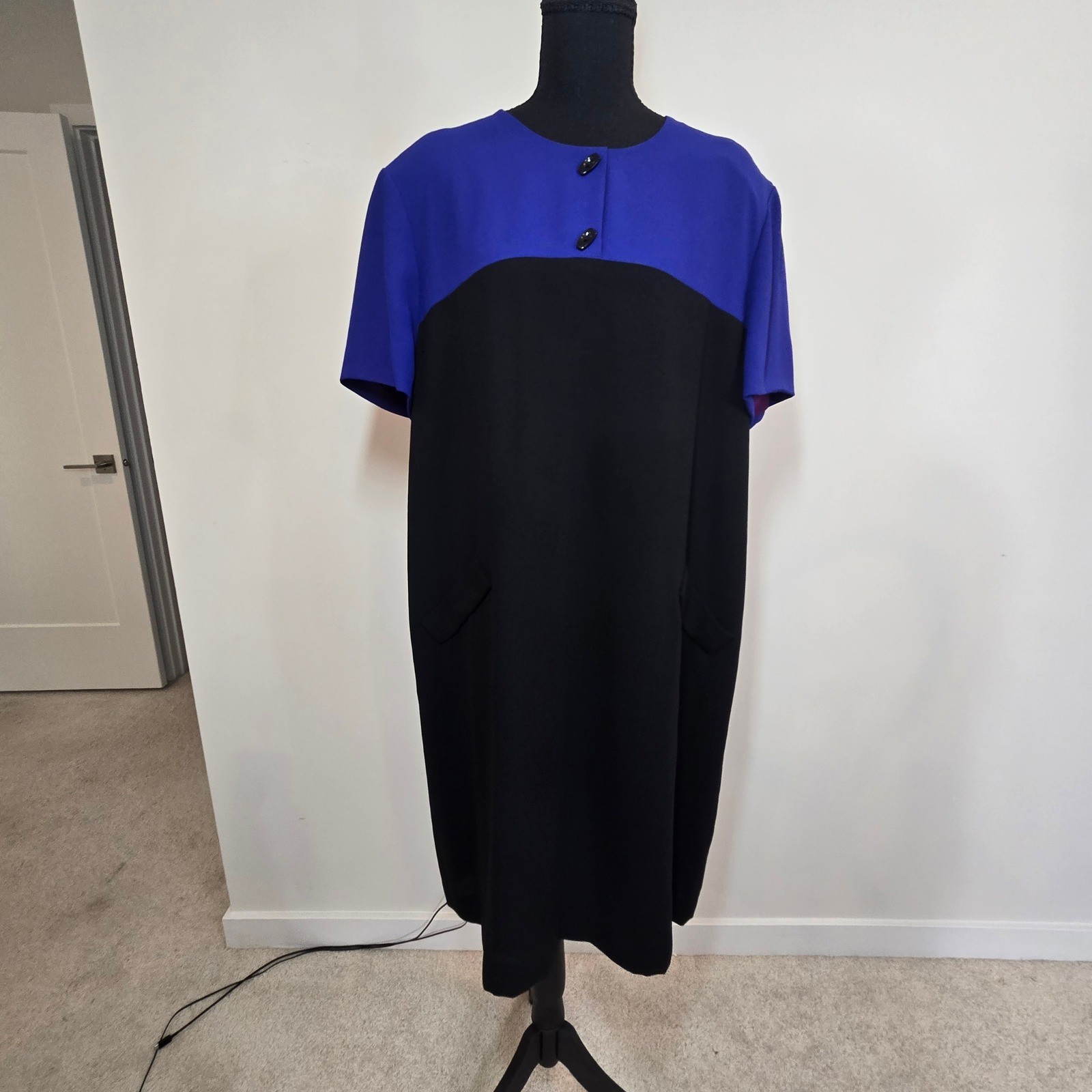 Evan-Picone Colorblock Dress Womens 14 Blue Black Vintage Shift Pocket (D9)