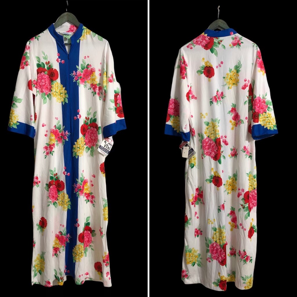 NOS Vintage Evelyn Pearson Go Coat Zip Front Lounge Maxi Robe S Floral