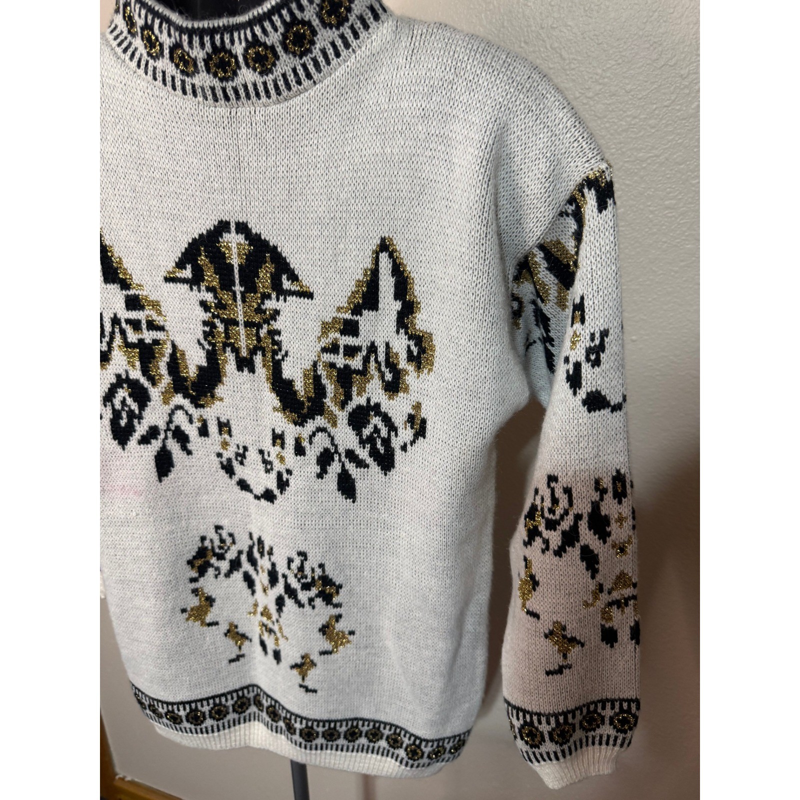 Vintage Bramble Lane Metallic Gold Black Intarsia Mock Neck Sweater Womens M