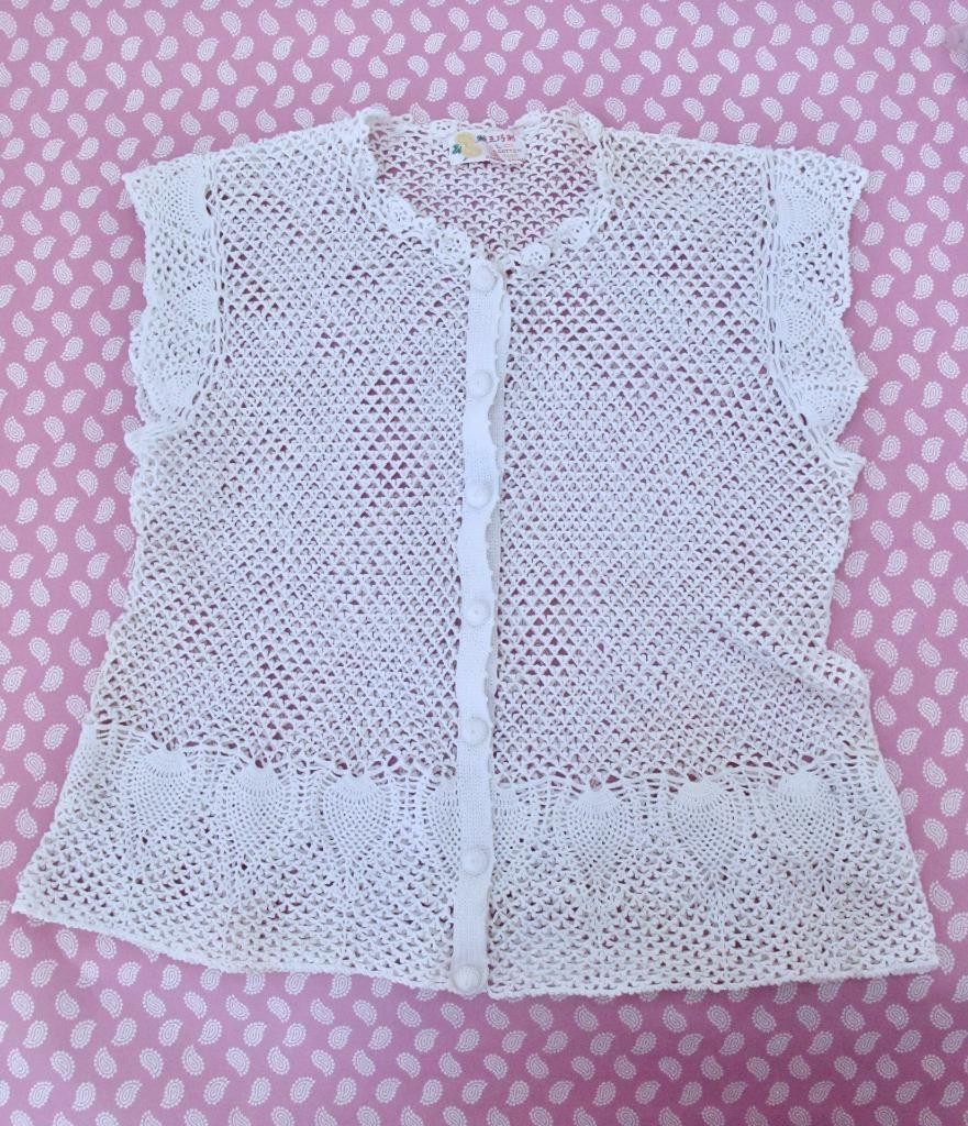 Vintage Hand Crocheted Button Down Cardigan Top S Cotton Openwork Lace Pineapple