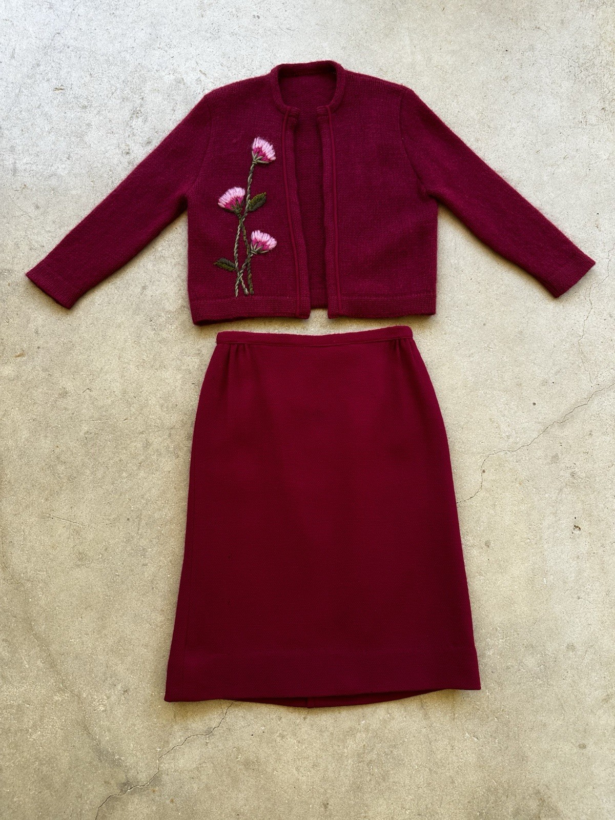 1960s Sweater Suit Fuzzy Knit Embroidered Floral Jacket & Wool Skirt ILGWU Union