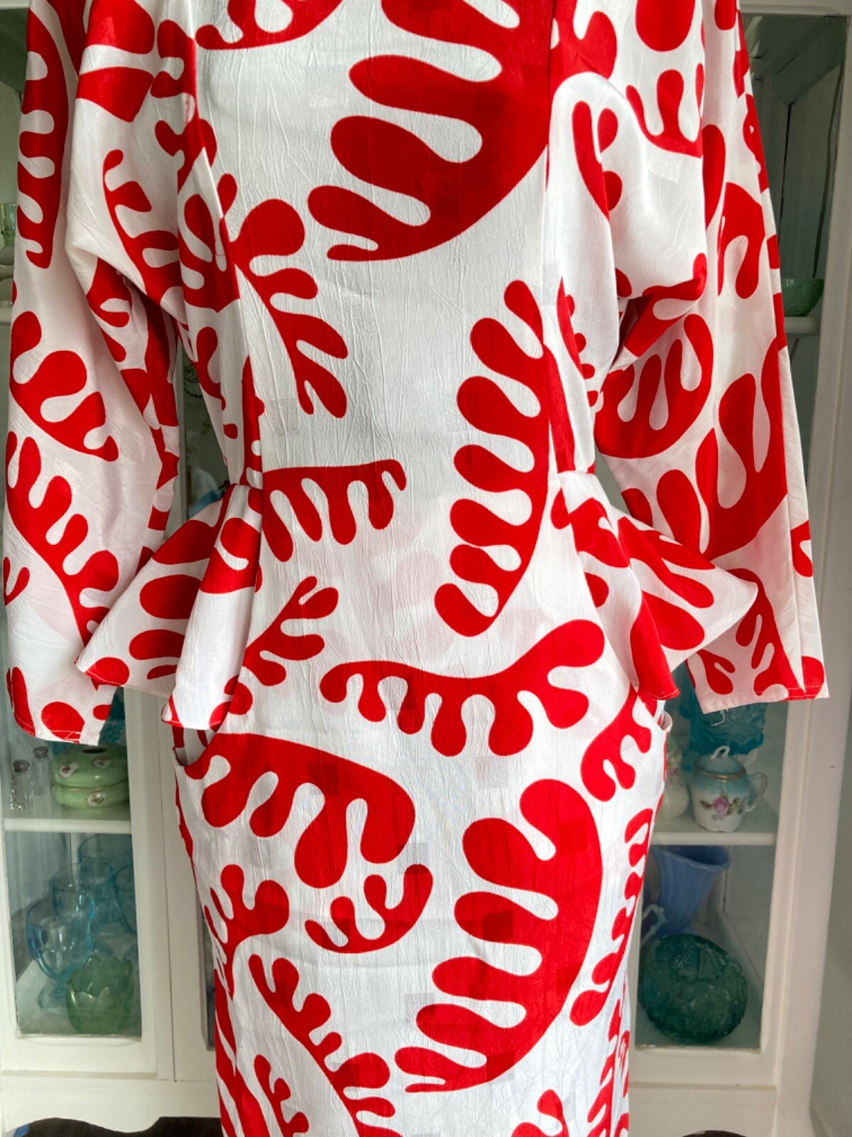 Vtg 80s Billy Jack For Her White & Red Amoeba Midi Dress Wiggle Peplum S 32 Retr
