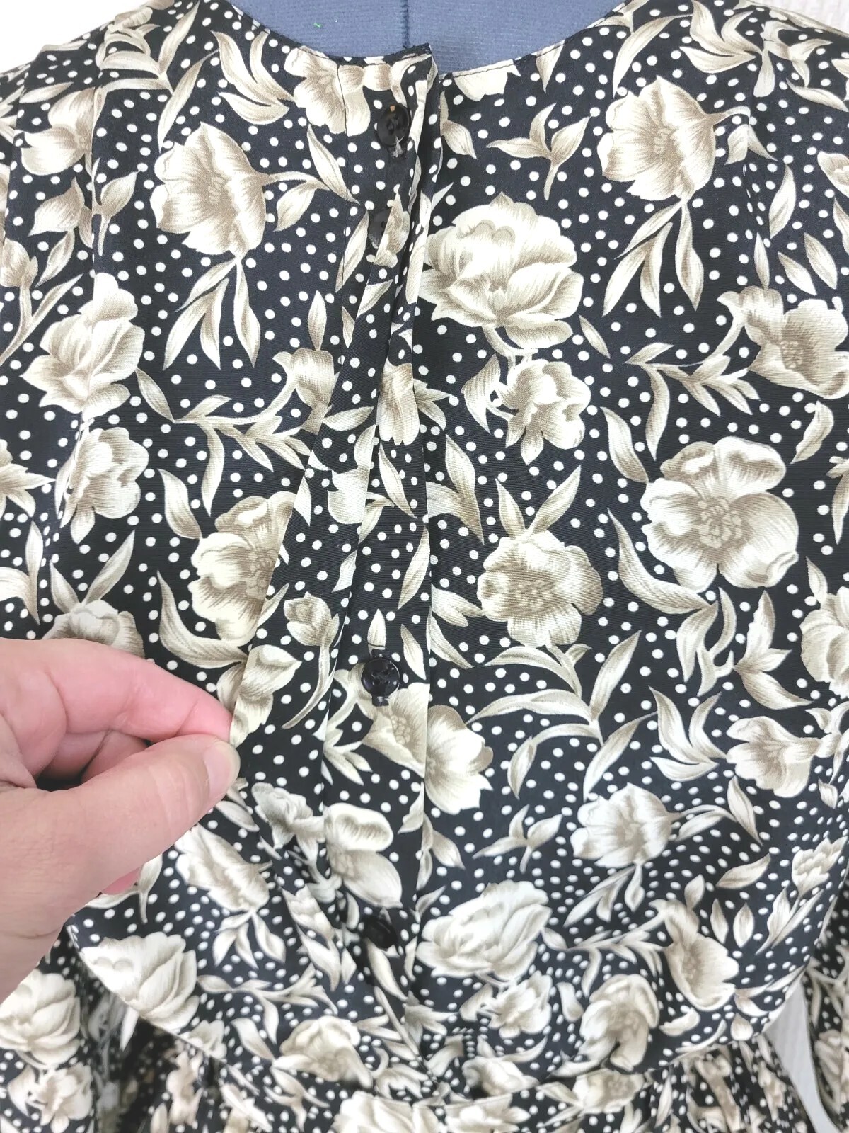 Vtg Personal Blouse & Skirt Set in Black w Tan & White Florals & Polka Dots Sz 8