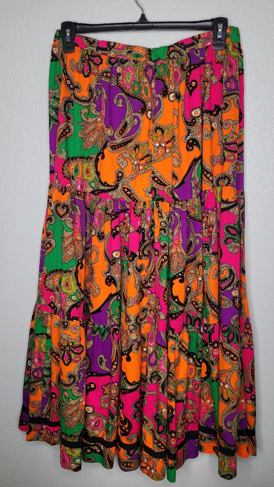Vintage 1970s Paisley Skirt Women’s Large Neon Boho Hippie Festival Knee Length