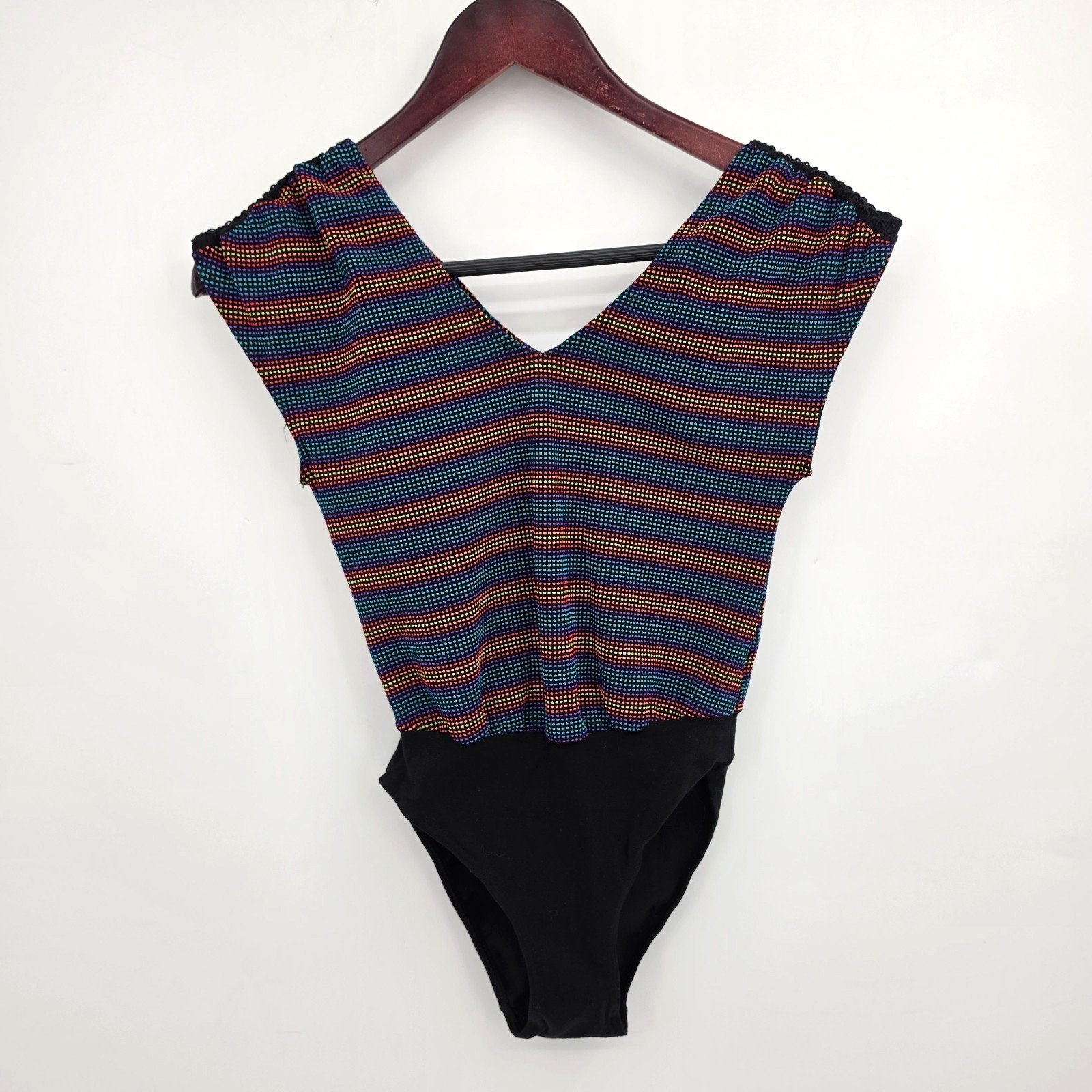 Vintage RAIN BEAU Aerobic One-Piece Leotard Size Small Black Rainbow Jazzercise
