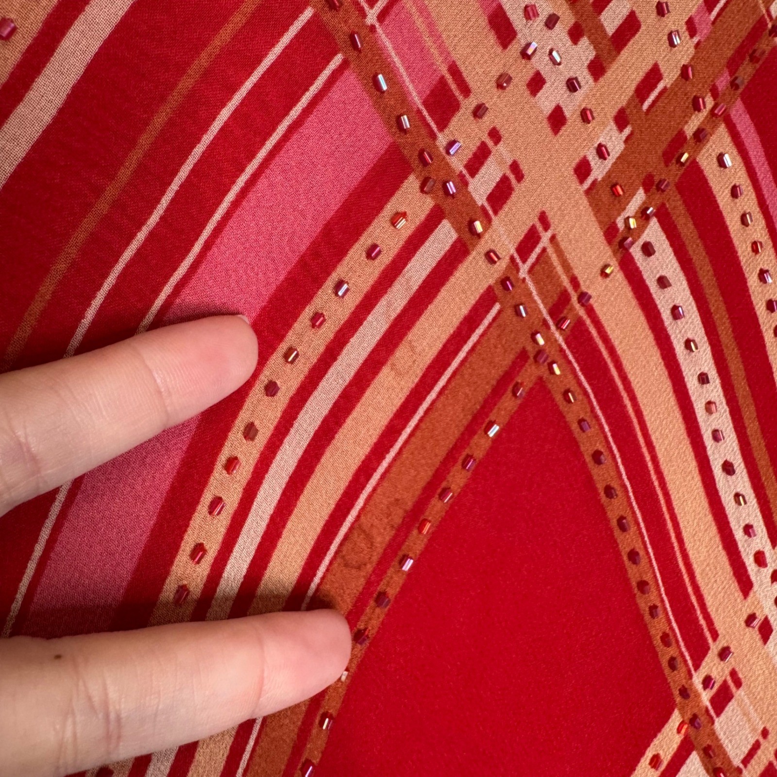 iCE Vintage 90s Y2K 100% Silk Beaded Plaid Slip Midi Dress Red Sleeveless