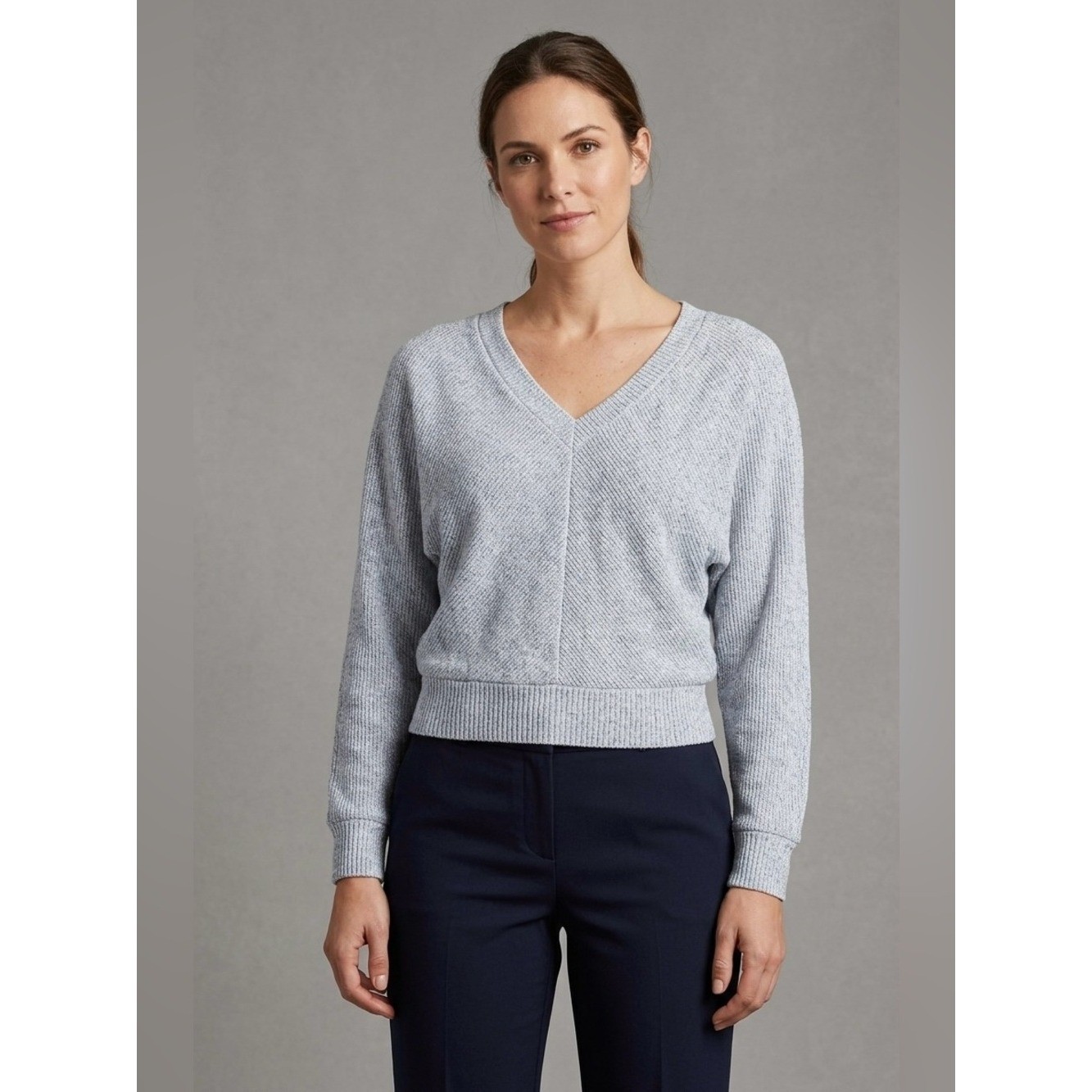 White House Black Market Grey Marled V-Neck Dolman Sleeve Crop Sweater