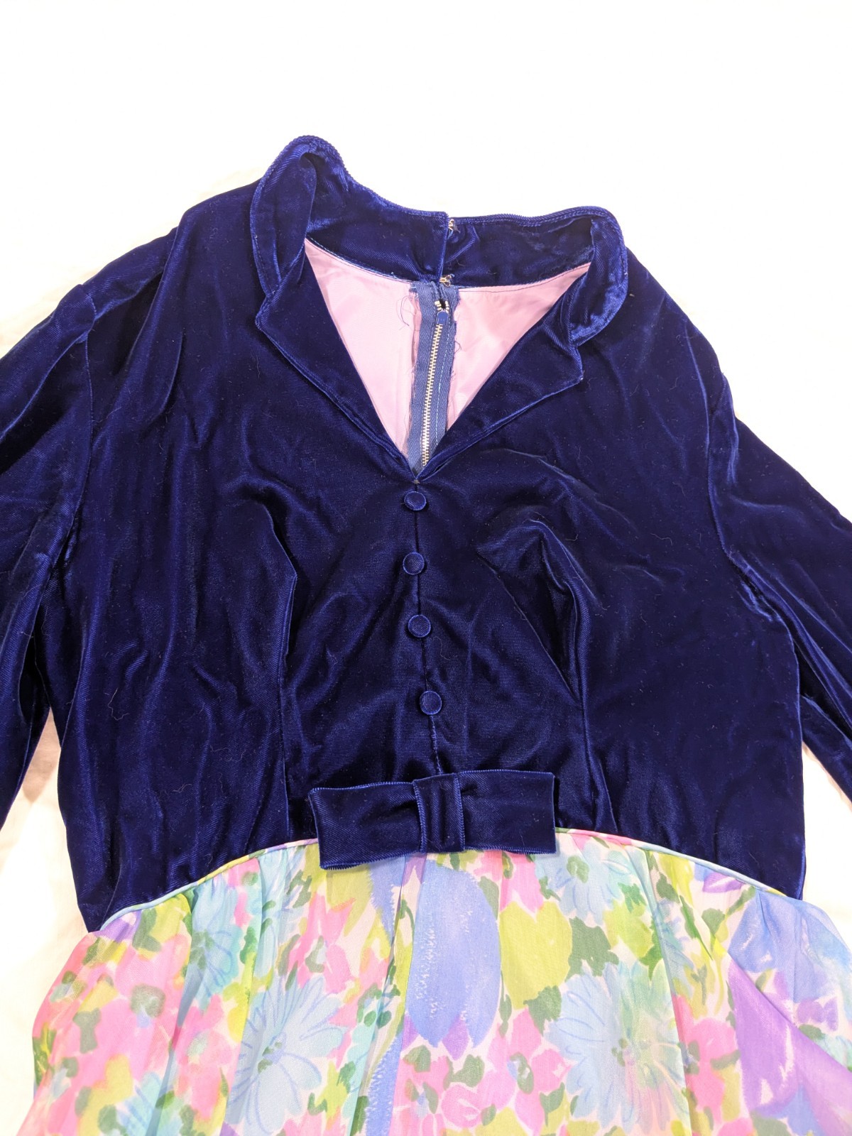 Vintage 70s Union Made Blue Velvet Maxi Dress Size Large 34 Inch Waist