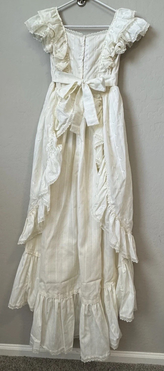 Vtg 70s Ivory Wedding Dress Prairie Cottage Core Peasant Bonnet Hat Veil Trek