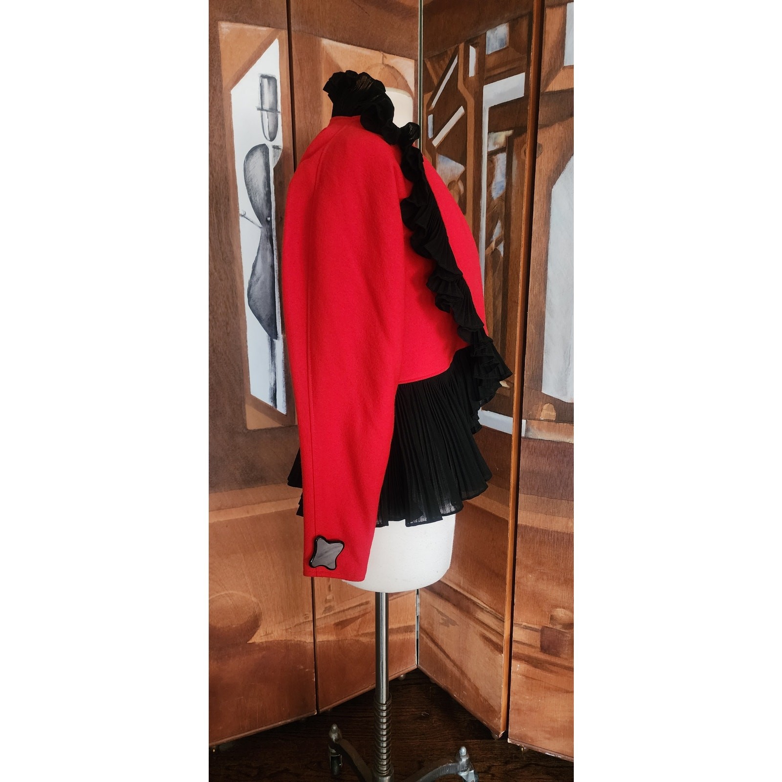 Vintage 1980s Jean Muir Jacket Red Black Ruffle Trim Evening Blazer with Peplum