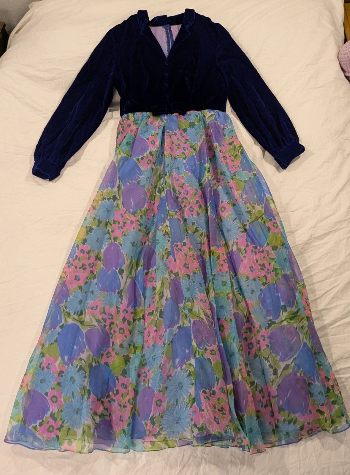 Vintage 70s Union Made Blue Velvet Maxi Dress Size Large 34 Inch Waist