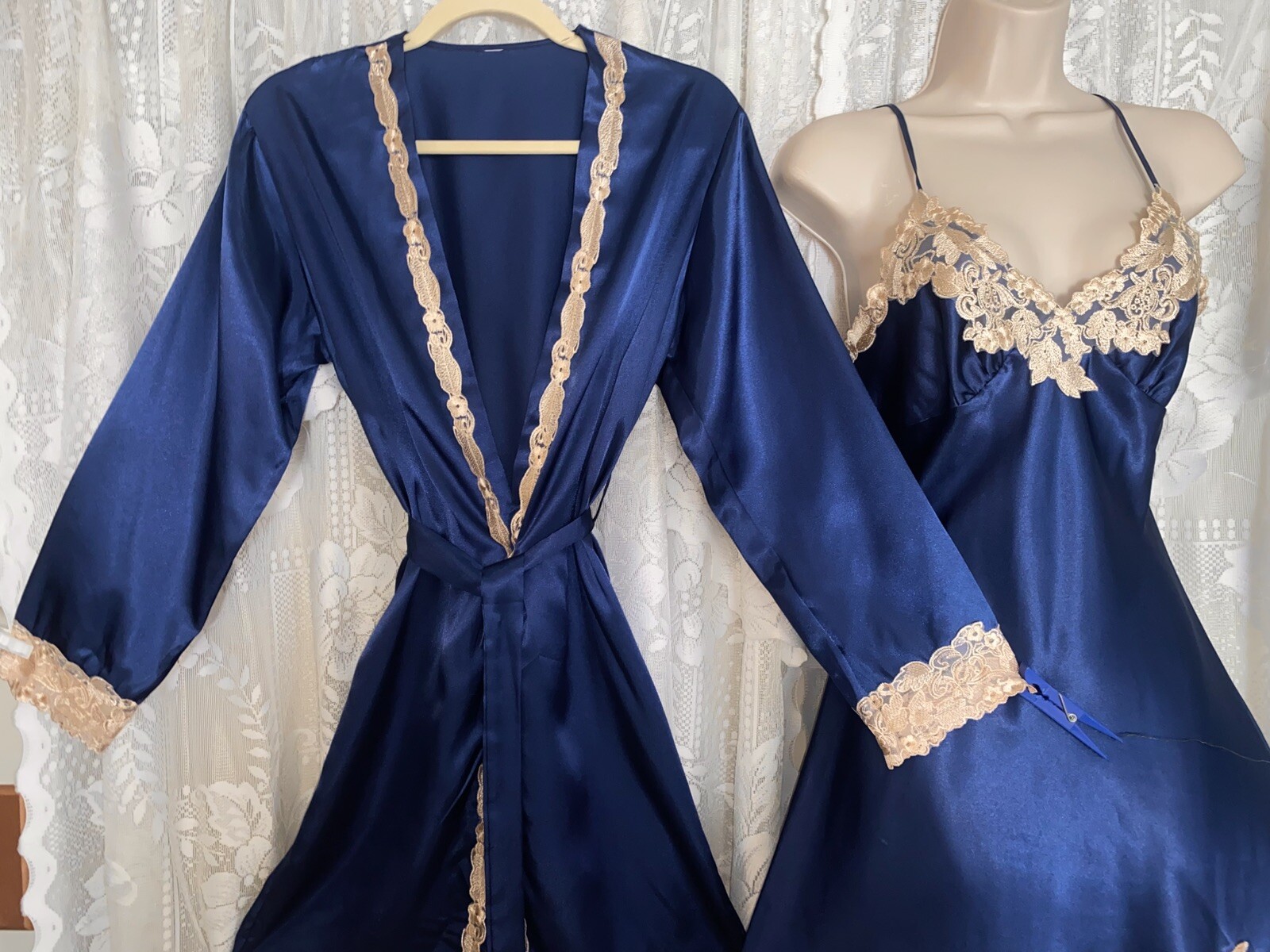 VTG M 34 36 Navy Blue Satin Babydoll Peignoir Robe Nightie Fancy Rose Gold Lace
